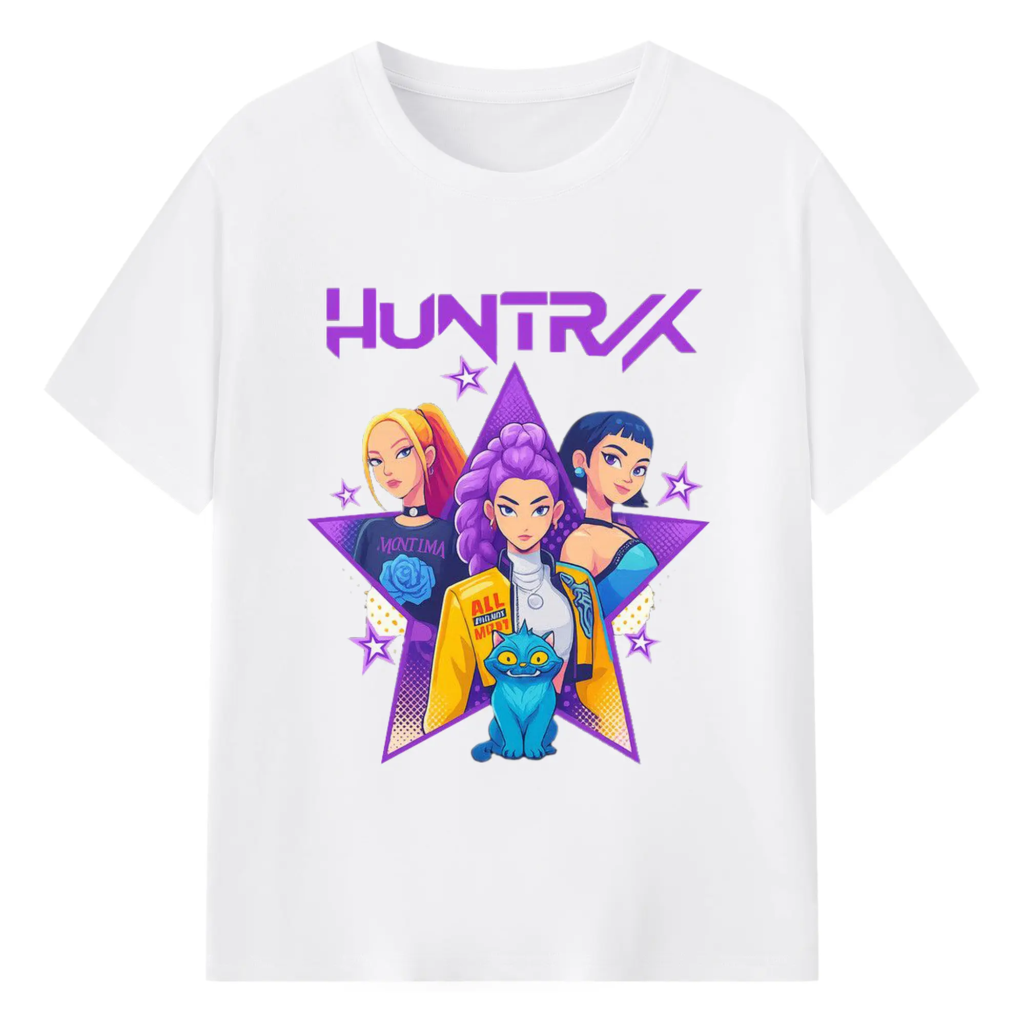 K-POP Huntrx Pop Art Girl Characters with Cat DIY Shirt - 180g Cotton T-Shirt With Front Heat Transfer Print – Soft, Lightweight, Fitted Design – Comfortable Casual Wear For Sports & Everyday Use