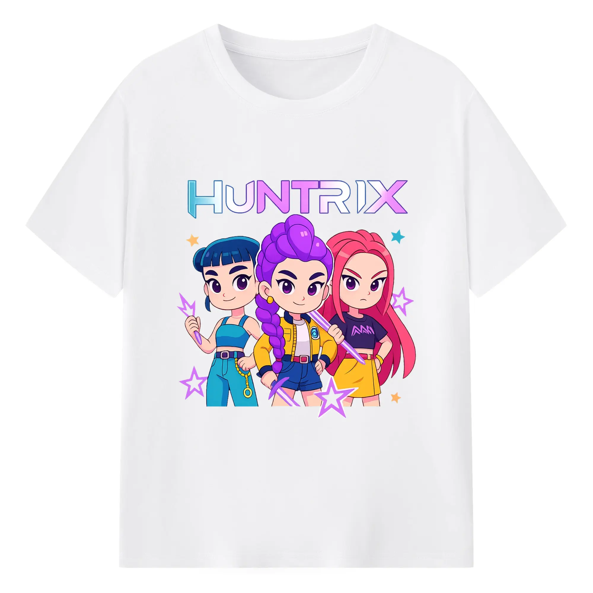 K-POP HUNTRIX Chibi Anime Girl Group DIY Shirt - 180g Cotton T-Shirt With Front Heat Transfer Print – Soft, Lightweight, Fitted Design – Comfortable Casual Wear For Sports & Everyday Use
