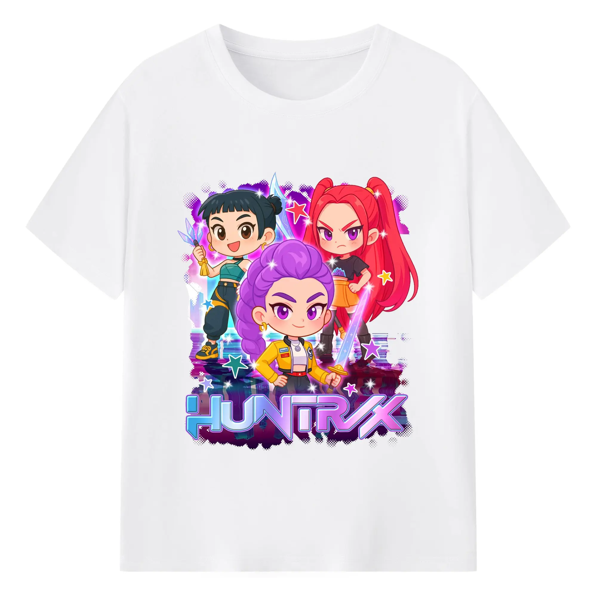 K-POP HUNTRIX Cyber Kawaii Girl Characters with Stars DIY Shirt - 180g Cotton T-Shirt With Front Heat Transfer Print – Soft, Lightweight, Fitted Design – Comfortable Casual Wear For Sports & Everyday Use