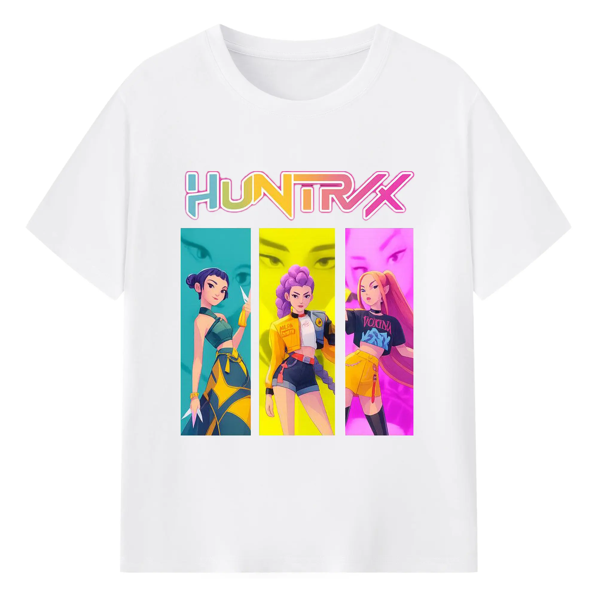 K-POP Huntrix Colorful Anime Girl Characters DIY Shirt - 180g Cotton T-Shirt With Front Heat Transfer Print – Soft, Lightweight, Fitted Design – Comfortable Casual Wear For Sports & Everyday Use