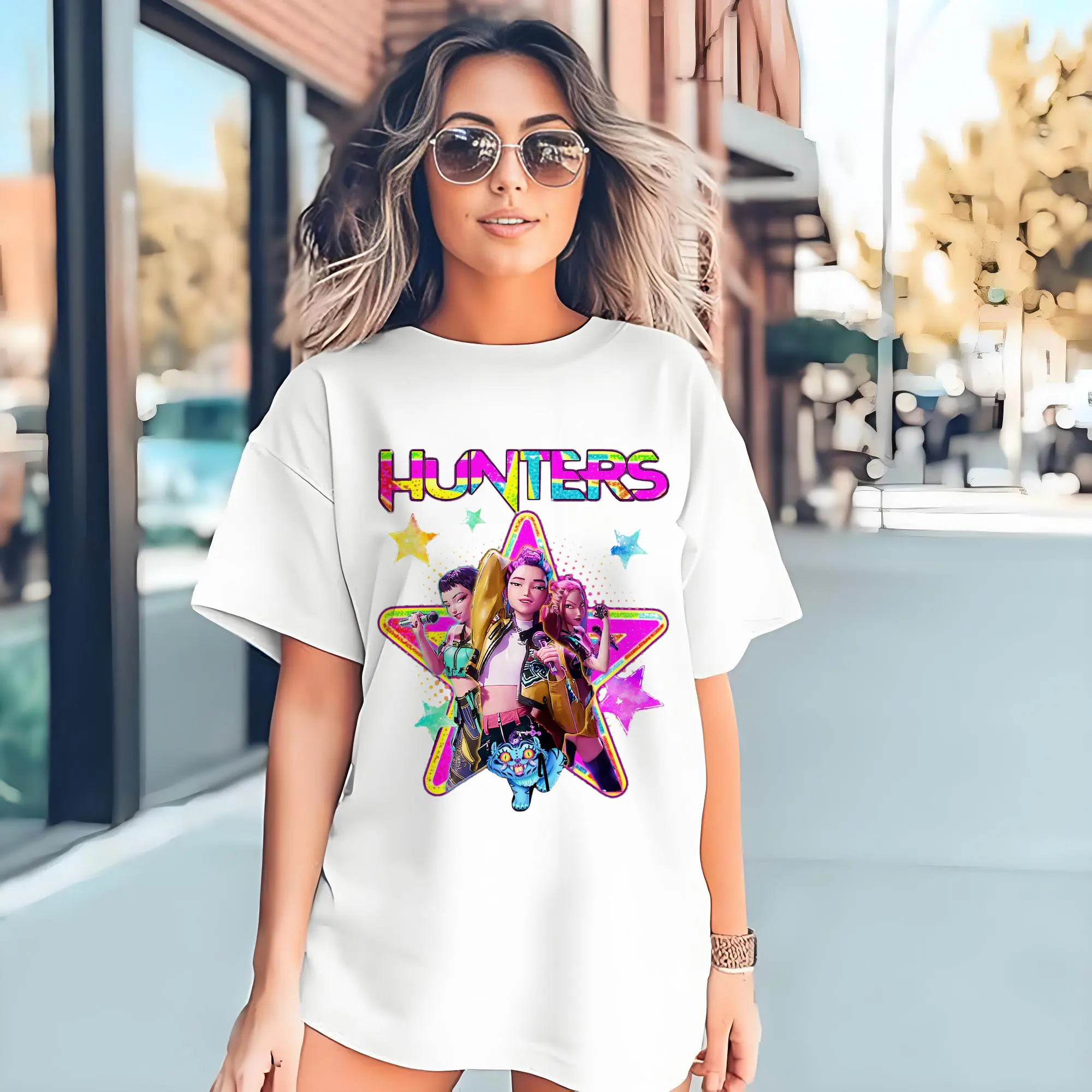 K-POP HUNTERS Anime Girl Characters with Neon Stars DIY Shirt