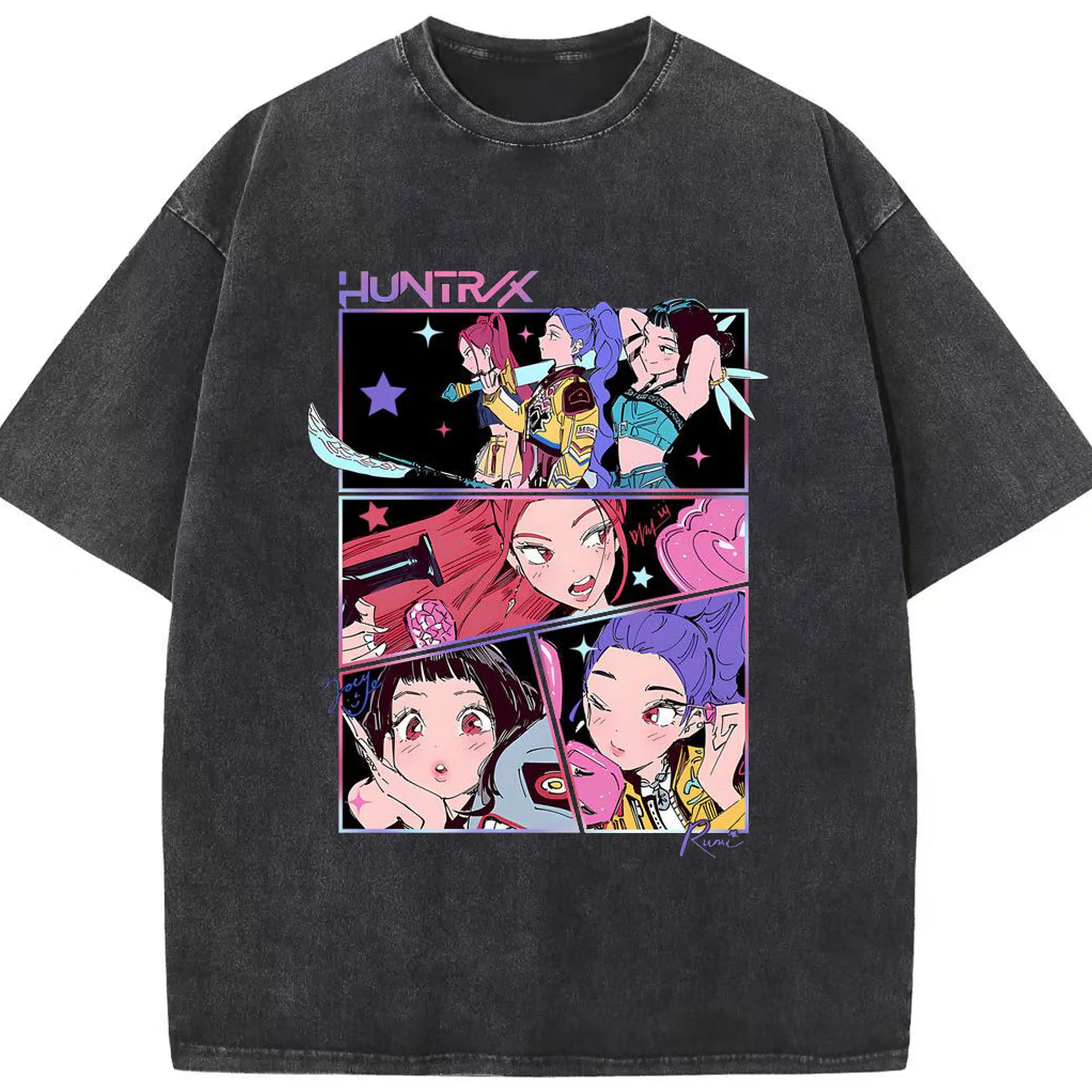 K-POP Trendy Anime Girl Group Manga-Style DIY Shirt - Washed Vintage Look 230g Cotton Oversized T-Shirt With Front Heat Transfer Print – Soft, Lightweight, Stylish Fit – Comfortable Casual Wear For Sports & Everyday Use