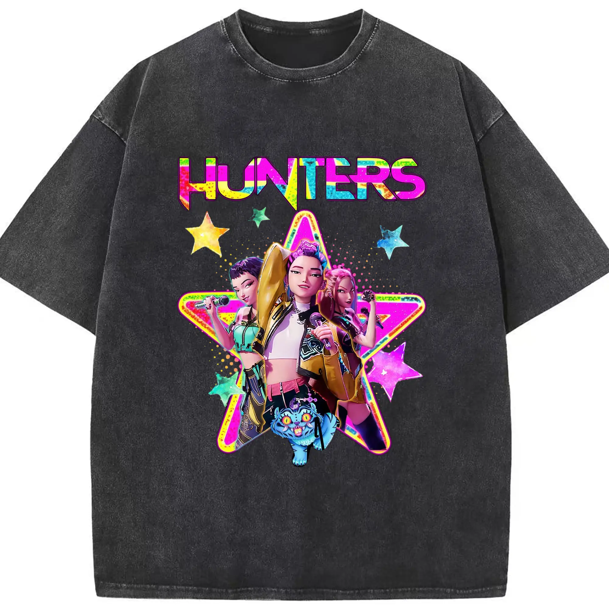 K-POP HUNTERS Anime Girl Characters with Neon Stars DIY Shirt - Washed Vintage Look 230g Cotton Oversized T-Shirt With Front Heat Transfer Print – Soft, Lightweight, Stylish Fit – Comfortable Casual Wear For Sports & Everyday Use