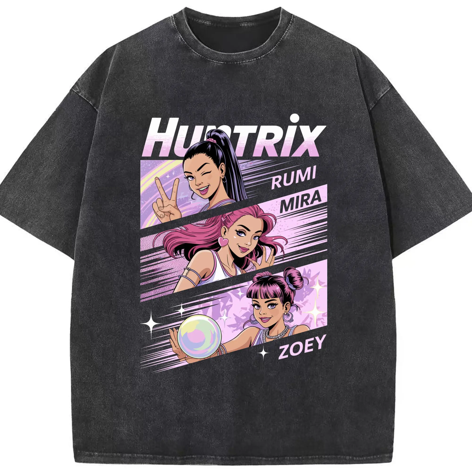 K-POP Huntrix Anime Girl Group Rumi&Mira&Zoey Manga-Style DIY Shirt - Washed Vintage Look 230g Cotton Oversized T-Shirt With Front Heat Transfer Print – Soft, Lightweight, Stylish Fit – Comfortable Casual Wear For Sports & Everyday Use