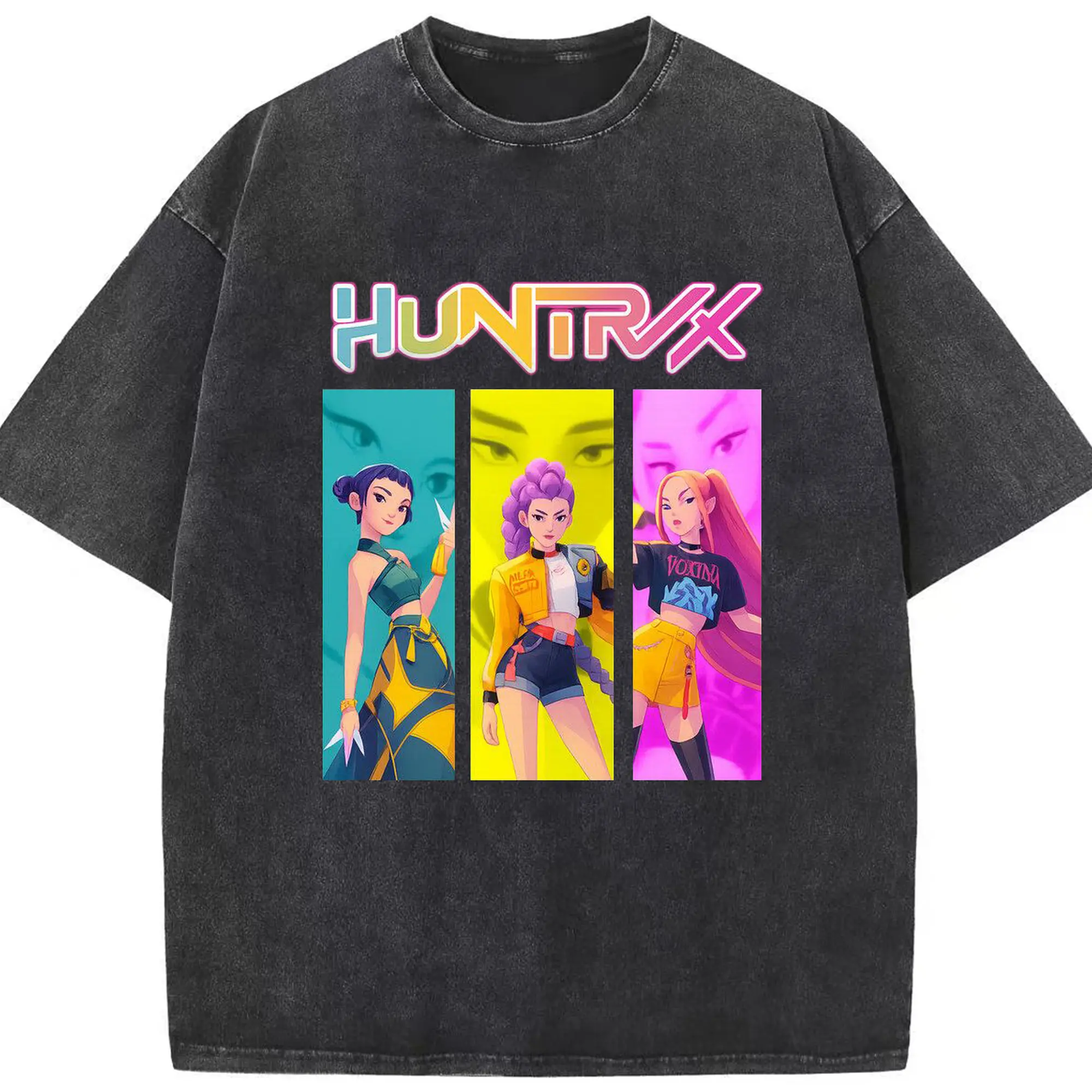 K-POP Huntrix Colorful Anime Girl Characters DIY Shirt - Washed Vintage Look 230g Cotton Oversized T-Shirt With Front Heat Transfer Print – Soft, Lightweight, Stylish Fit – Comfortable Casual Wear For Sports & Everyday Use