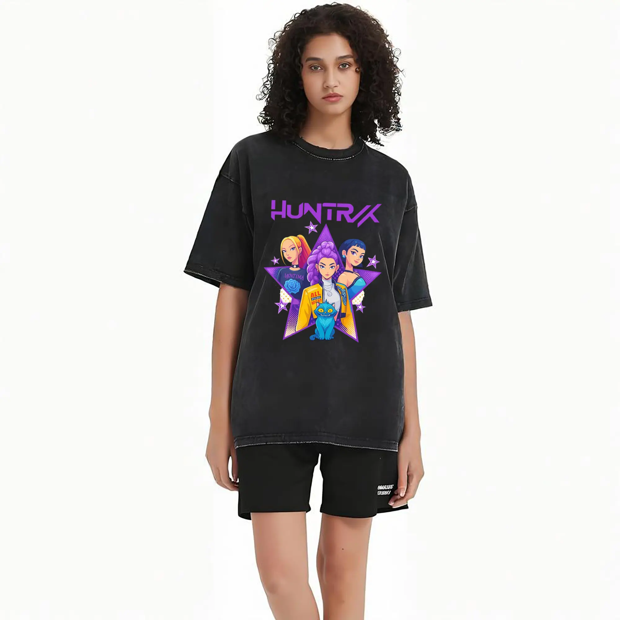 K-POP Huntrx Pop Art Girl Characters with Cat DIY Shirt