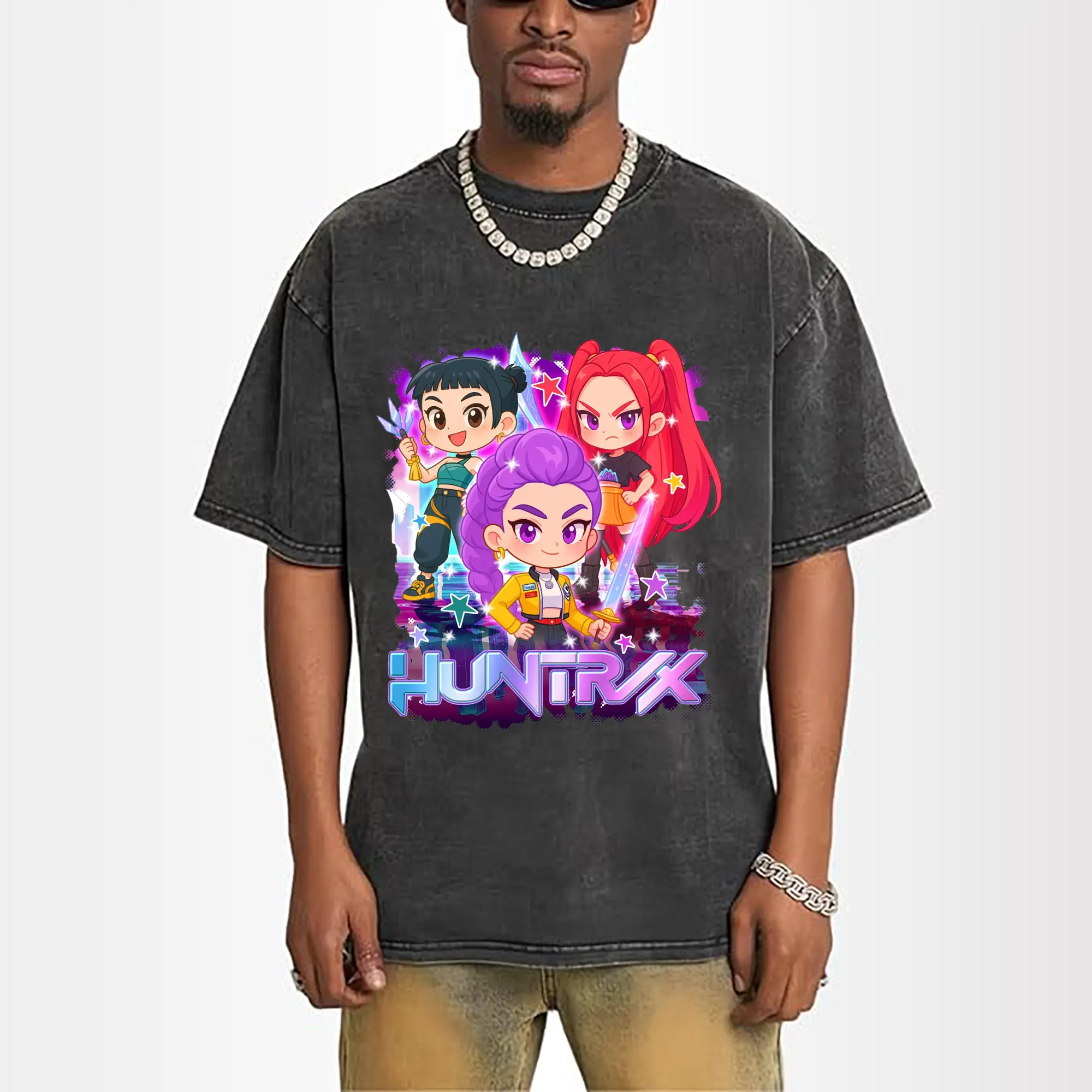 K-POP HUNTRIX Cyber Kawaii Girl Characters with Stars DIY Shirt