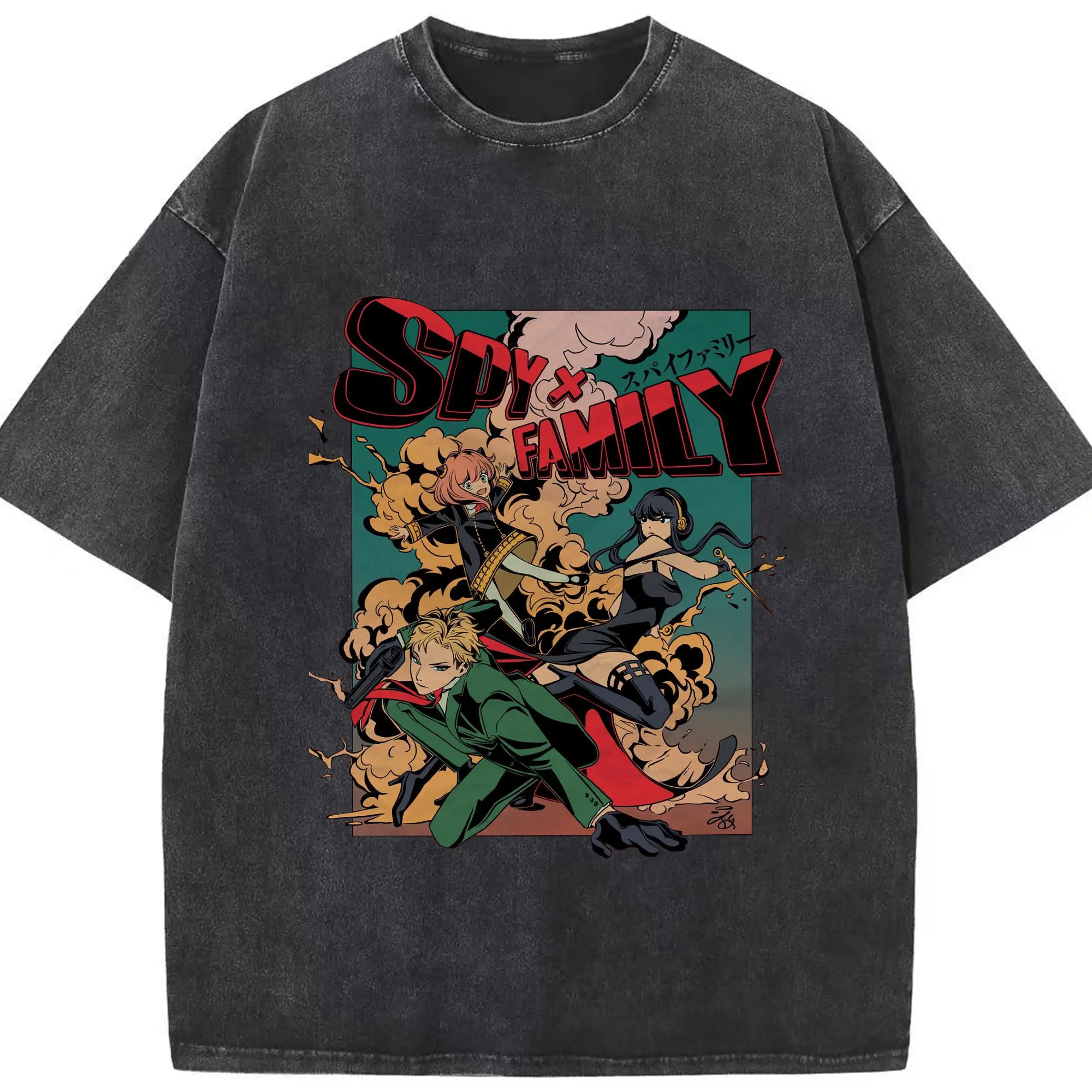 Spy×Family Retro Action Group DIY Shirt - Washed Vintage Look 230g Cotton Oversized T-Shirt With Front Heat Transfer Print – Soft, Lightweight, Stylish Fit – Comfortable Casual Wear For Sports & Everyday Use