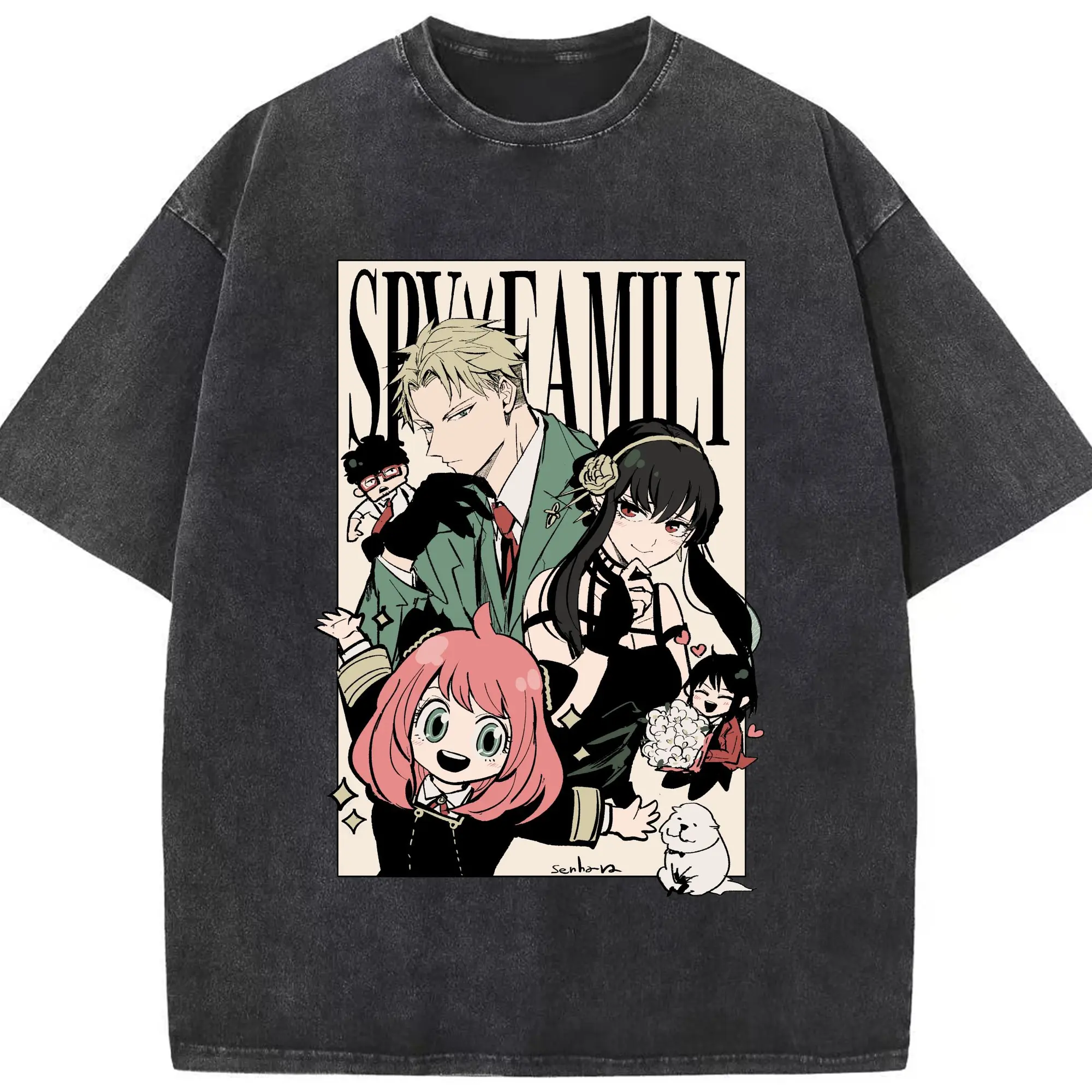 Spy×Family Retro Forger Family Group DIY Shirt - Washed Vintage Look 230g Cotton Oversized T-Shirt With Front Heat Transfer Print – Soft, Lightweight, Stylish Fit – Comfortable Casual Wear For Sports & Everyday Use