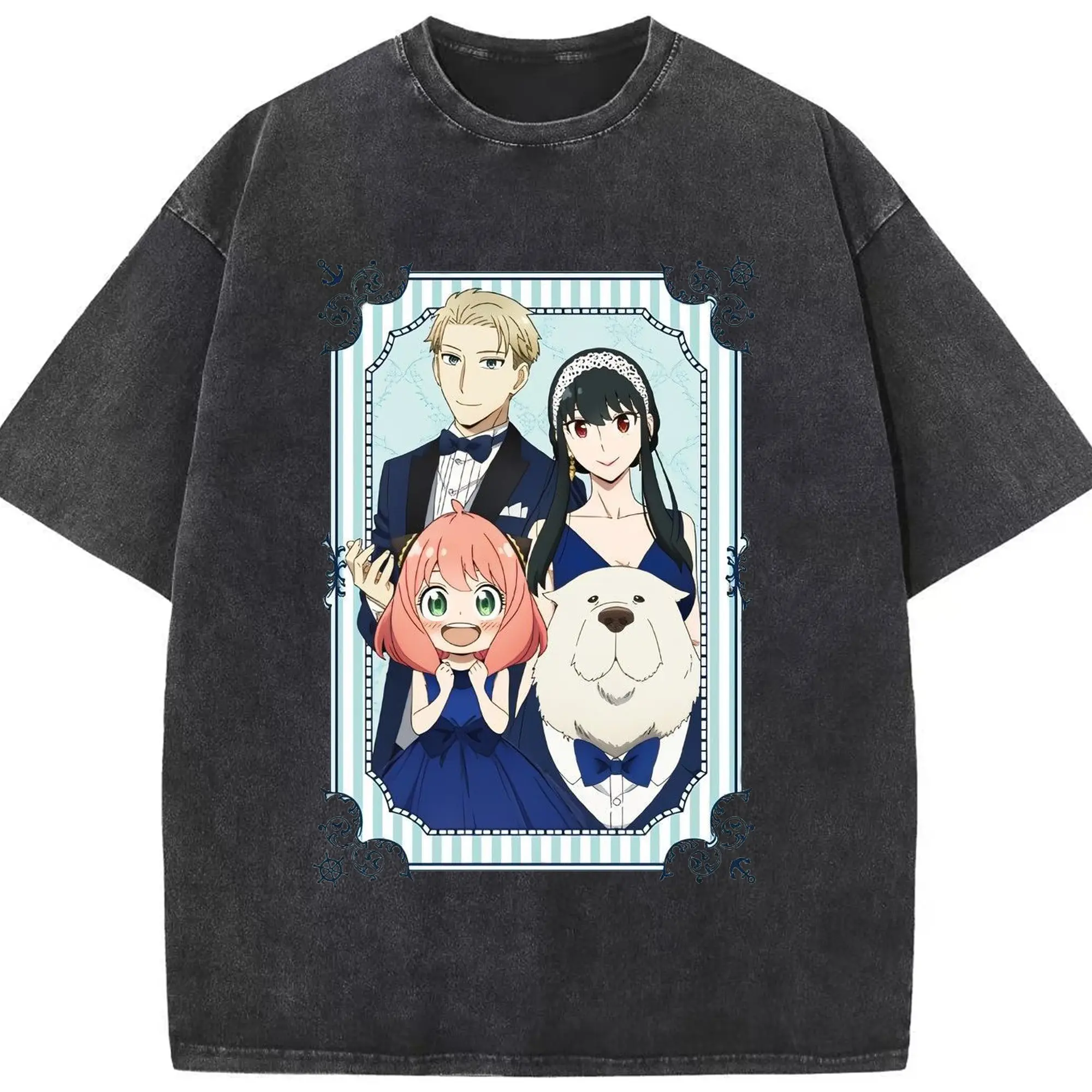 Spy×Family Vintage Elegant Forger Family DIY Shirt - Washed Vintage Look 230g Cotton Oversized T-Shirt With Front Heat Transfer Print – Soft, Lightweight, Stylish Fit – Comfortable Casual Wear For Sports & Everyday Use