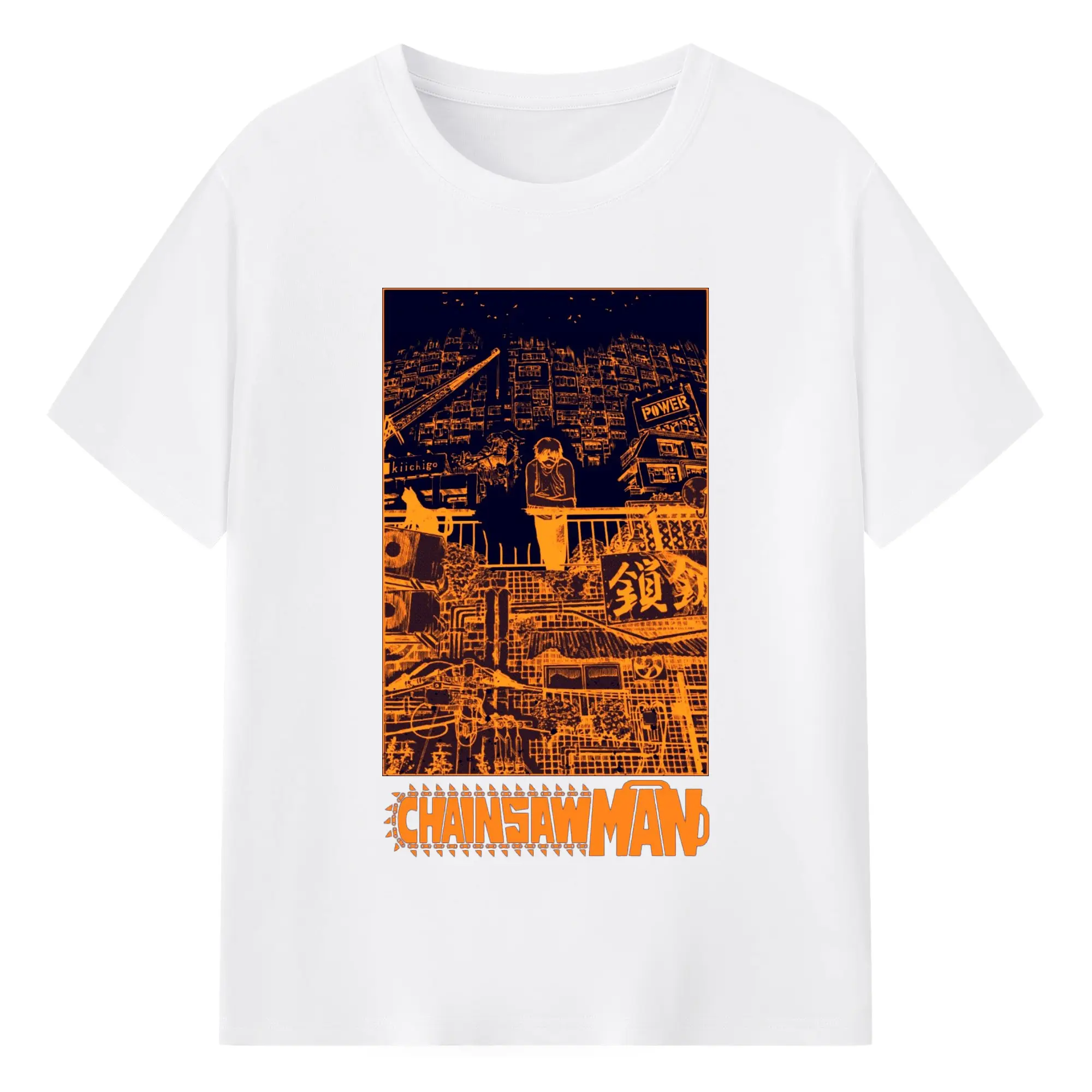 Chainsaw Man Cyber City Orange Aesthetic DIY Shirt - 180g Cotton T-Shirt With Front Heat Transfer Print – Soft, Lightweight, Fitted Design – Comfortable Casual Wear For Sports & Everyday Use