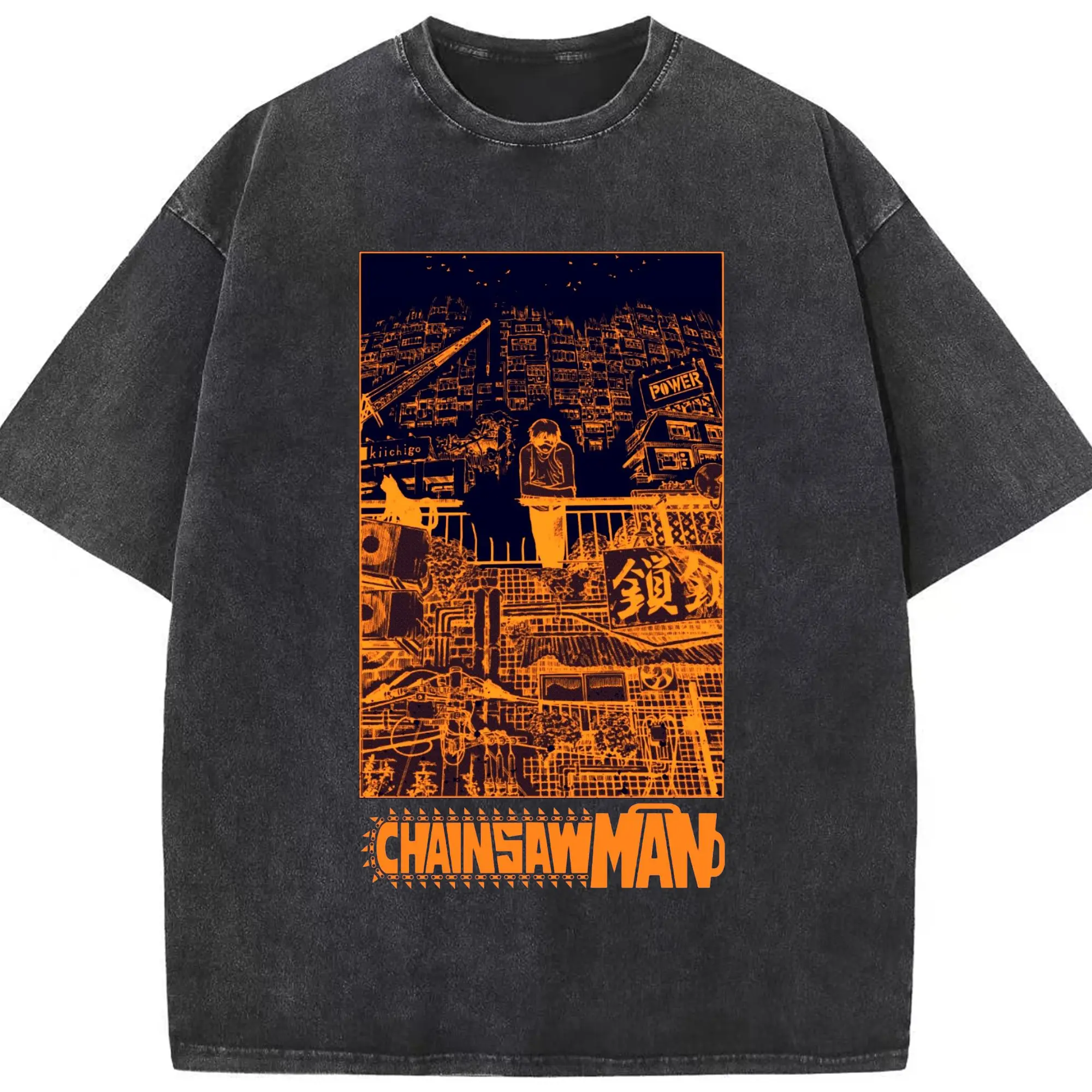 Chainsaw Man Cyber City Orange Aesthetic DIY Shirt - Washed Vintage Look 230g Cotton Oversized T-Shirt With Front Heat Transfer Print – Soft, Lightweight, Stylish Fit – Comfortable Casual Wear For Sports & Everyday Use