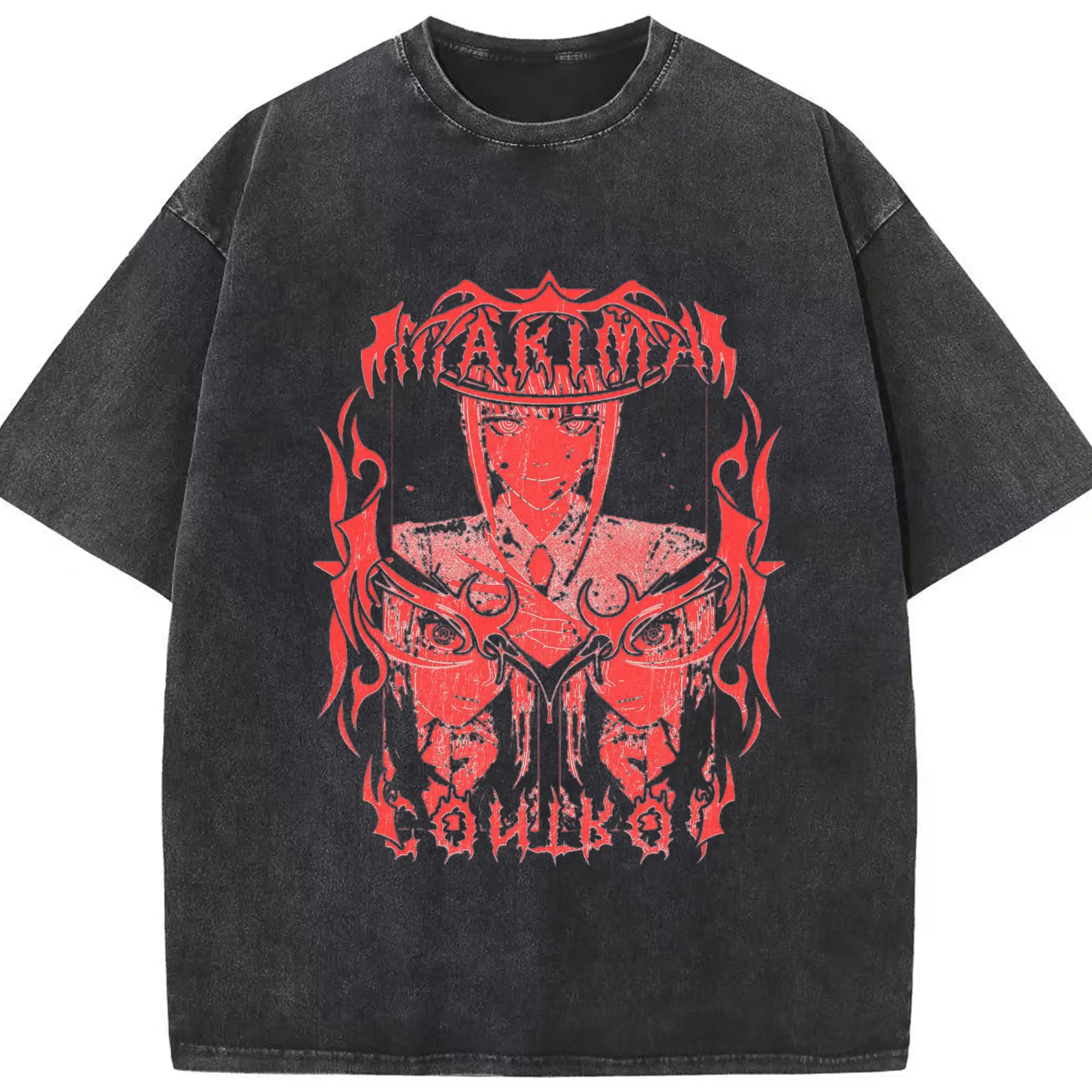 Chainsaw Man Makima Gothic Red Aesthetic DIY Shirt - Washed Vintage Look 230g Cotton Oversized T-Shirt With Front Heat Transfer Print – Soft, Lightweight, Stylish Fit – Comfortable Casual Wear For Sports & Everyday Use