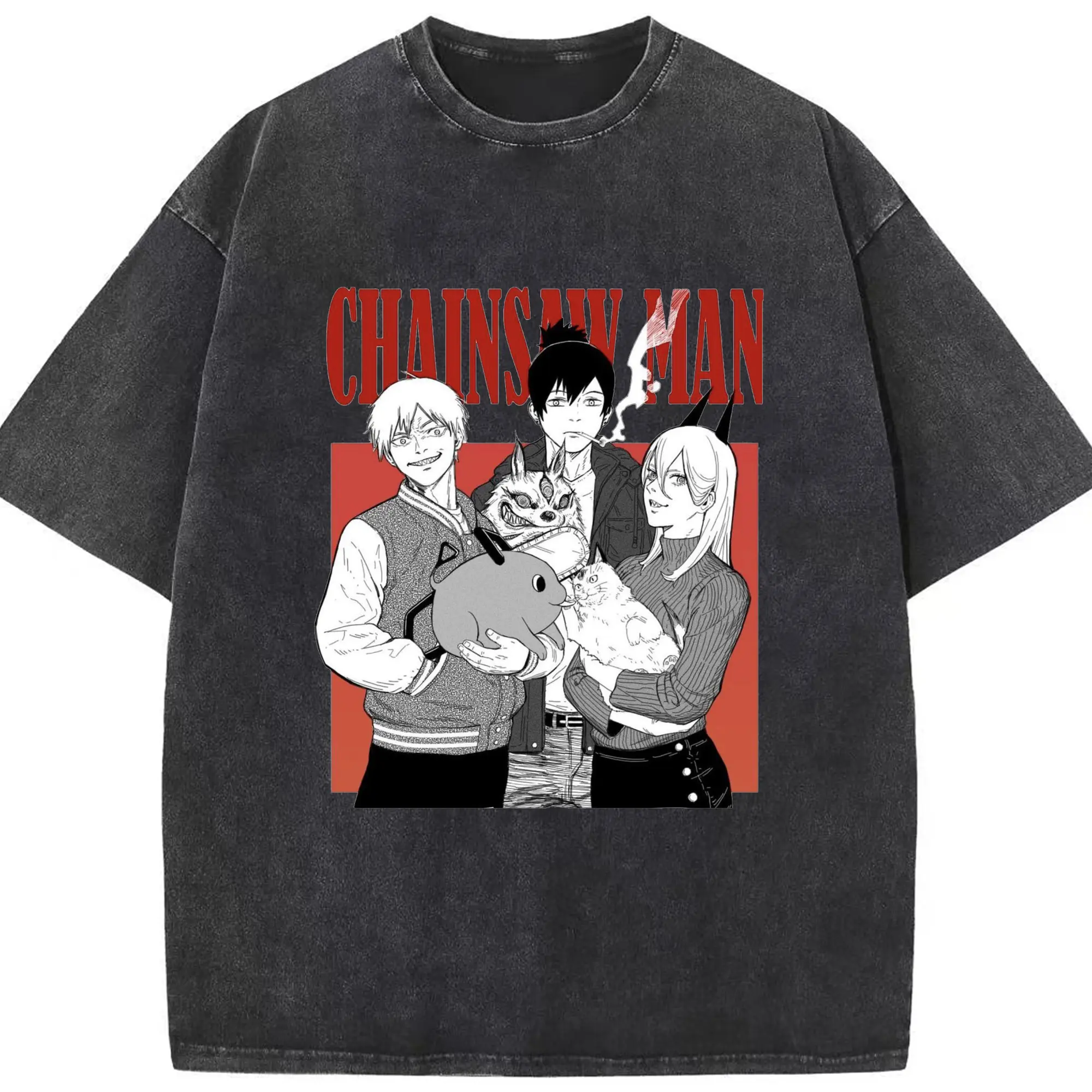 Chainsaw Man Group Characters Manga-Style DIY Shirt - Washed Vintage Look 230g Cotton Oversized T-Shirt With Front Heat Transfer Print – Soft, Lightweight, Stylish Fit – Comfortable Casual Wear For Sports & Everyday Use