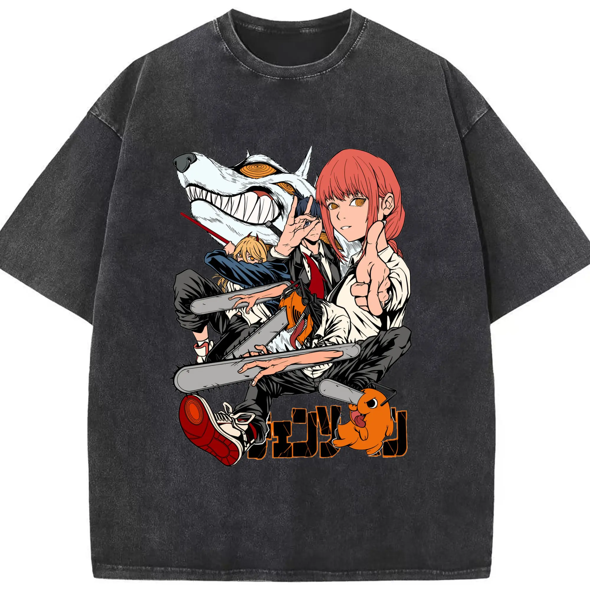 Chainsaw Man Main Characters Battle Style DIY Shirt - Washed Vintage Look 230g Cotton Oversized T-Shirt With Front Heat Transfer Print – Soft, Lightweight, Stylish Fit – Comfortable Casual Wear For Sports & Everyday Use