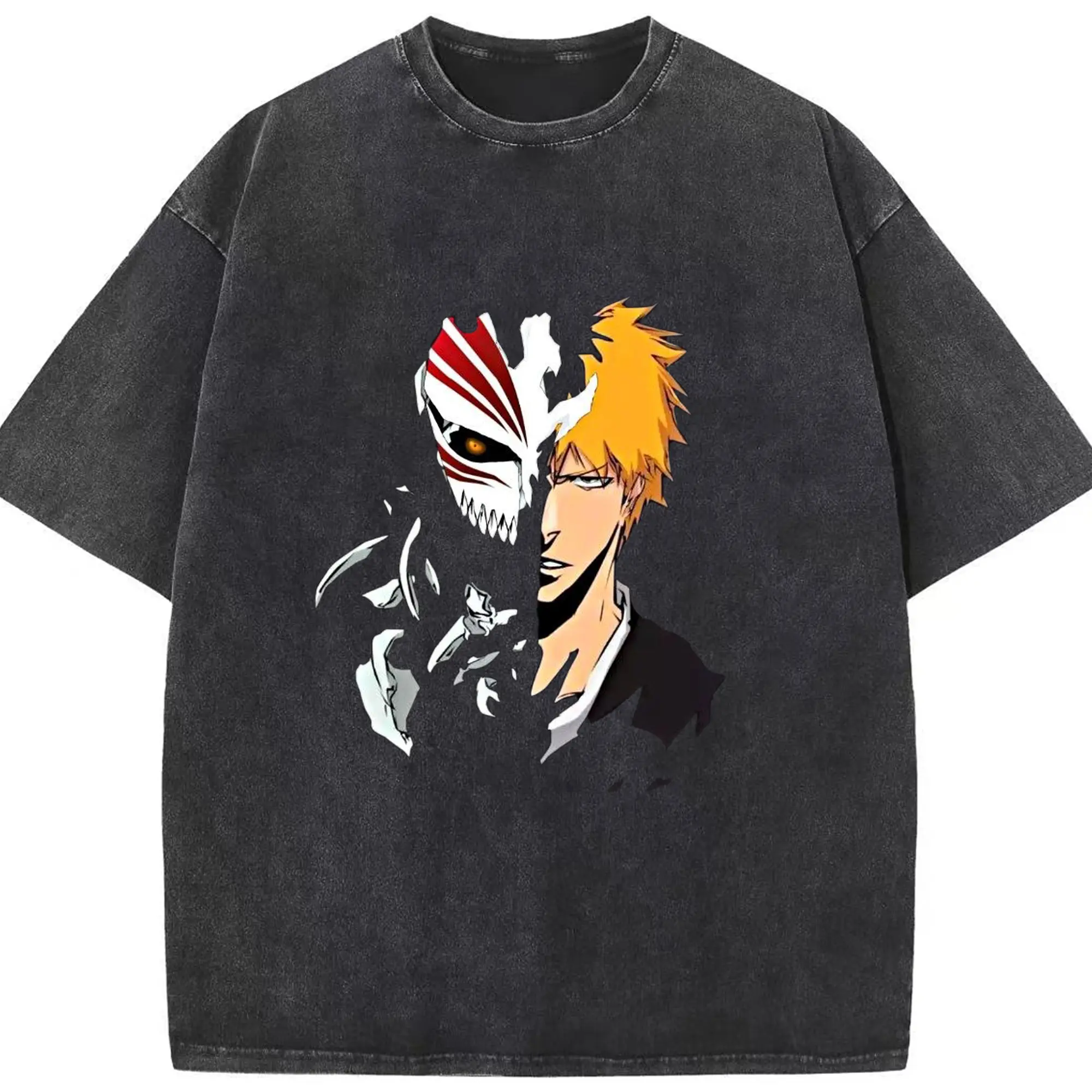 BLEACH Ichigo Hollow Mask Anime DIY - Washed Vintage Look 230g Cotton Oversized T-Shirt With Front Heat Transfer Print – Soft, Lightweight, Stylish Fit – Comfortable Casual Wear For Sports & Everyday Use