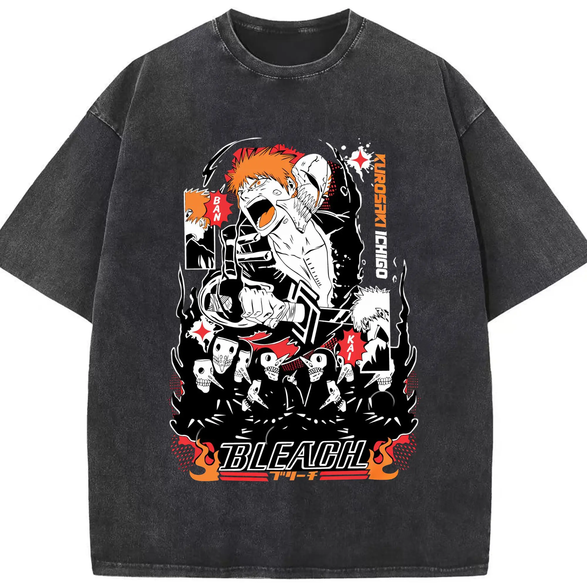 BLEACH Kurosaki Ichigo Bankai Anime DIY - Washed Vintage Look 230g Cotton Oversized T-Shirt With Front Heat Transfer Print – Soft, Lightweight, Stylish Fit – Comfortable Casual Wear For Sports & Everyday Use