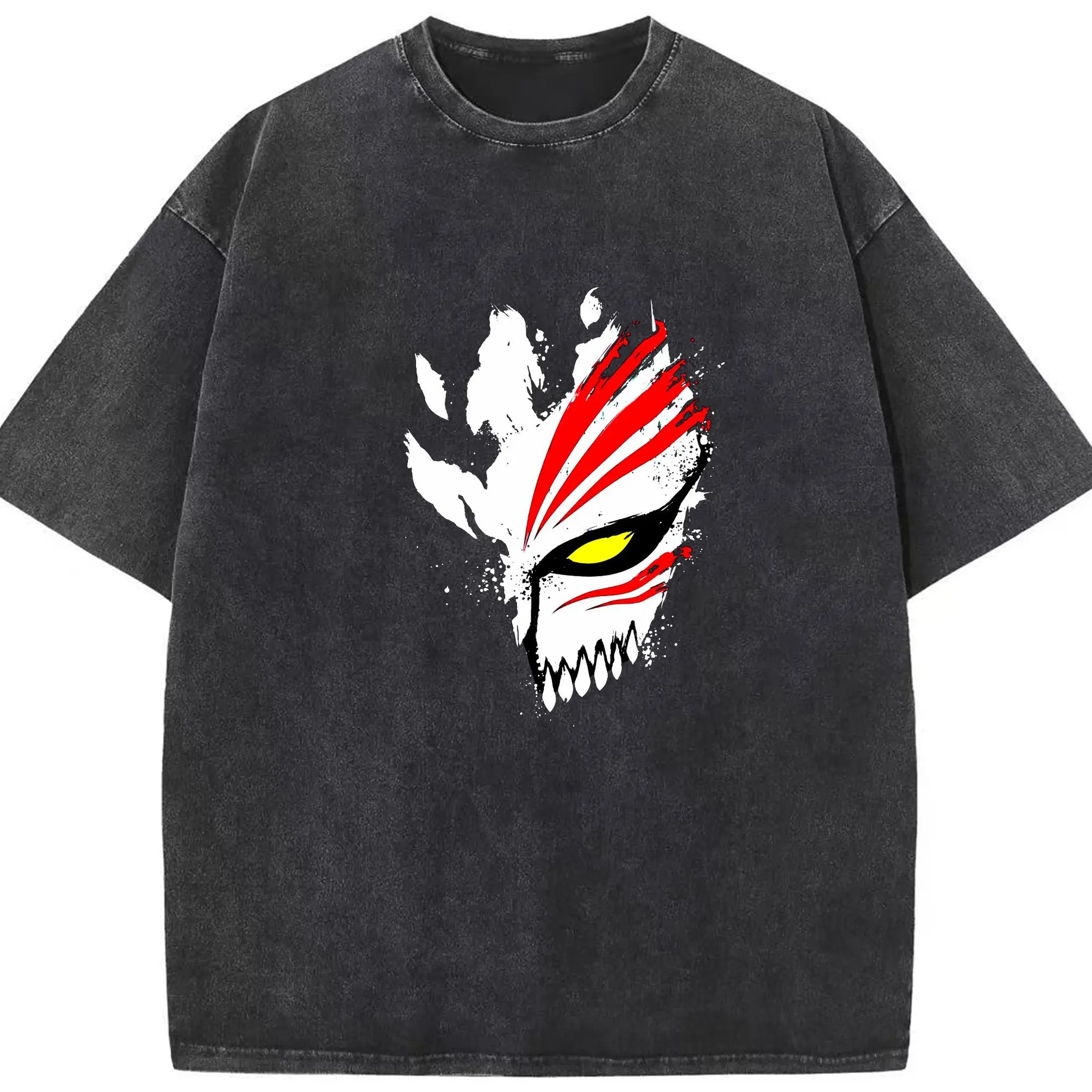 BLEACH Hollow Mask Anime DIY - Washed Vintage Look 230g Cotton Oversized T-Shirt With Front Heat Transfer Print – Soft, Lightweight, Stylish Fit – Comfortable Casual Wear For Sports & Everyday Use