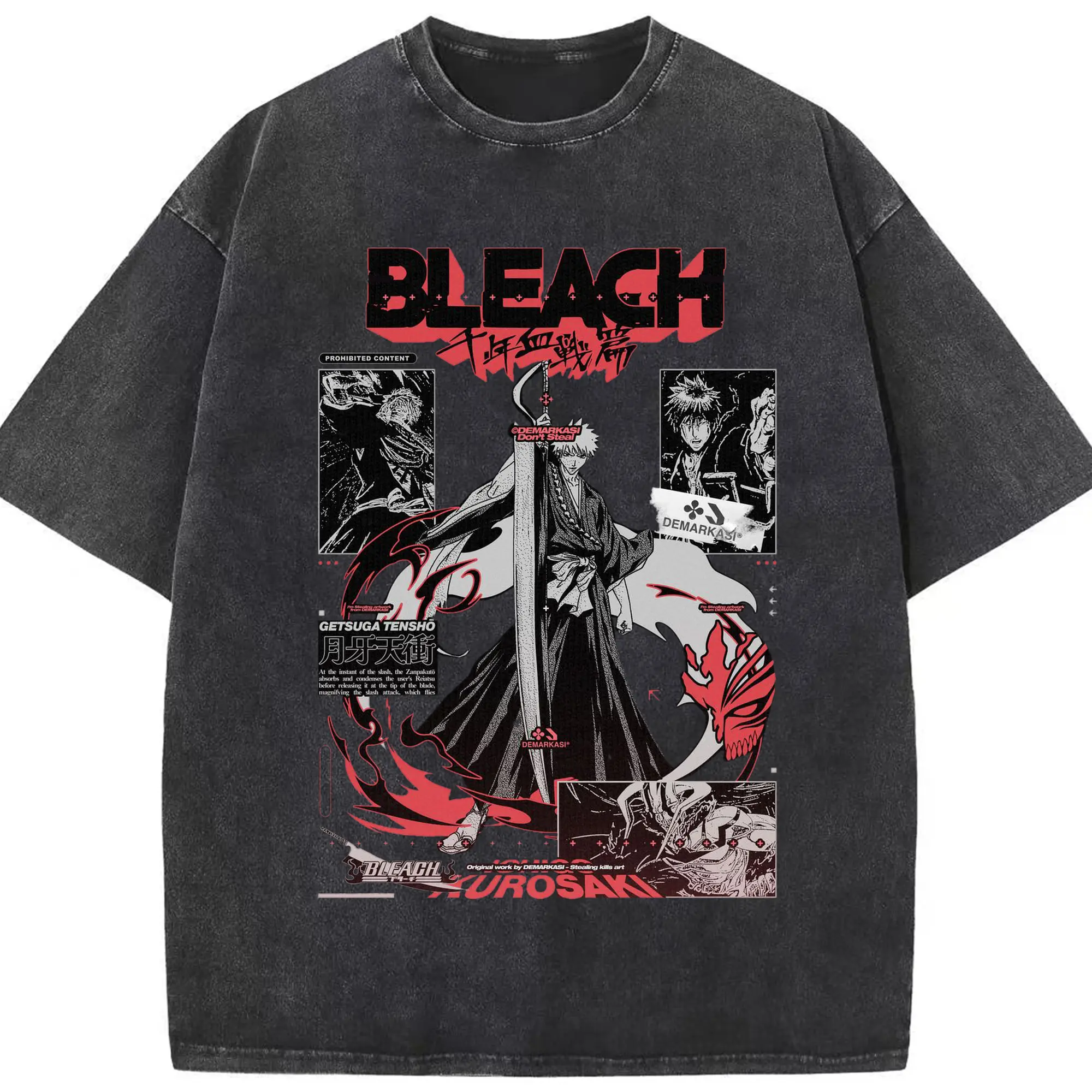 BLEACH Thousand-Year Blood War Getsuga Tensho DIY - Washed Vintage Look 230g Cotton Oversized T-Shirt With Front Heat Transfer Print – Soft, Lightweight, Stylish Fit – Comfortable Casual Wear For Sports & Everyday Use