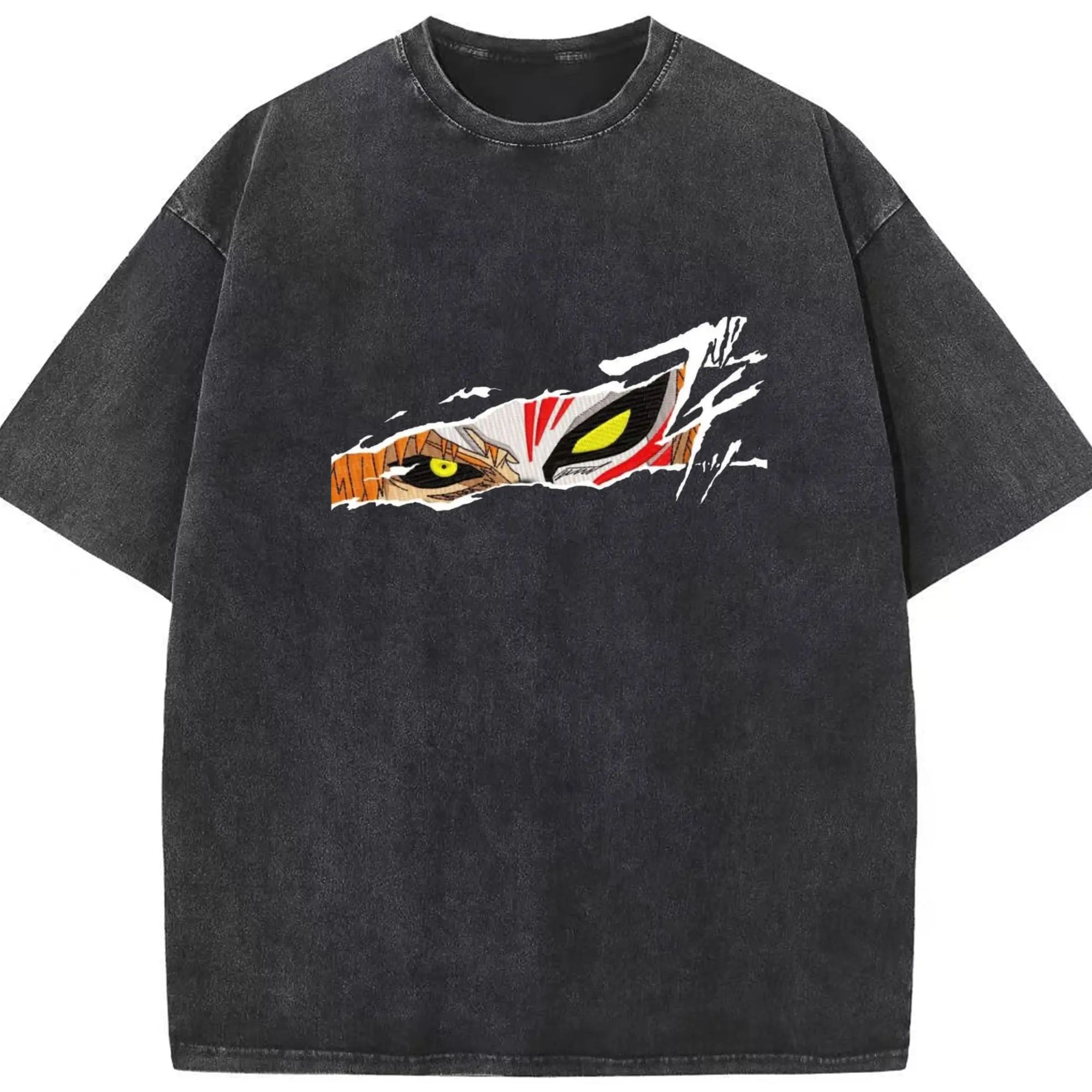BLEACH Ichigo Hollow Fusion Trendy DIY - Washed Vintage Look 230g Cotton Oversized T-Shirt With Front Heat Transfer Print – Soft, Lightweight, Stylish Fit – Comfortable Casual Wear For Sports & Everyday Use