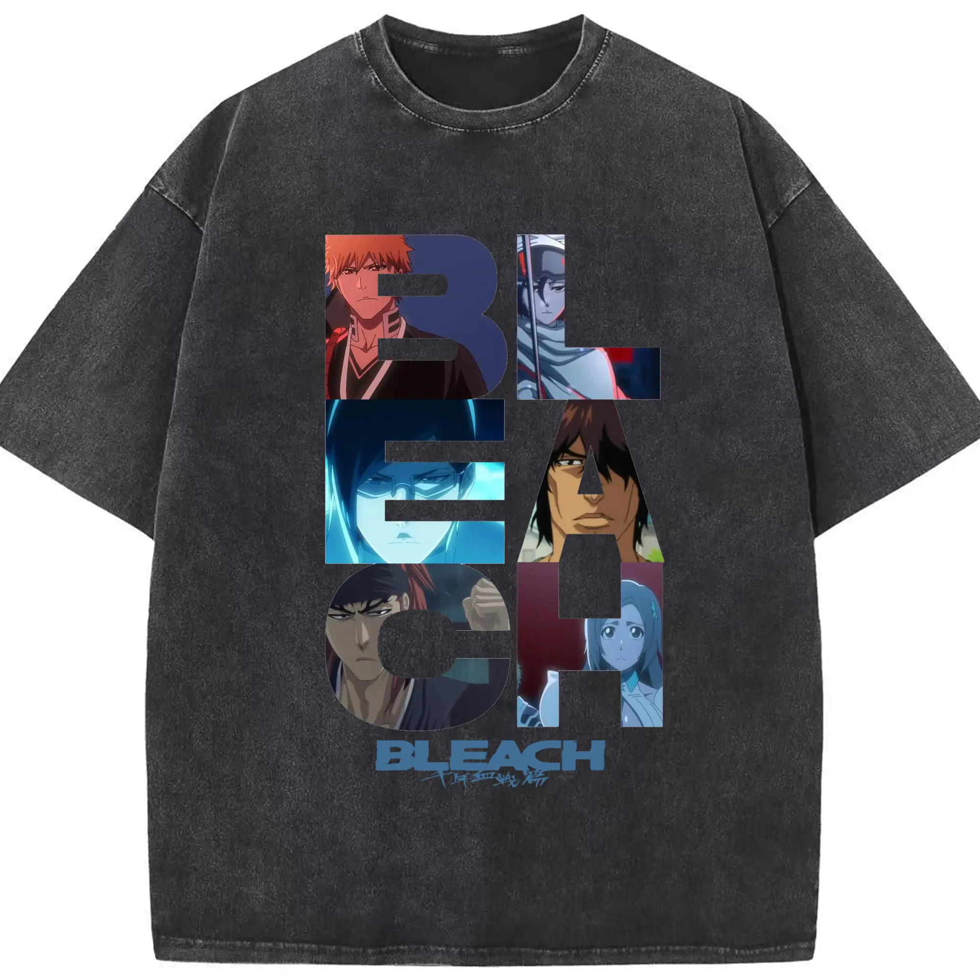 BLEACH Thousand-Year Blood War Character Collage DIY - Washed Vintage Look 230g Cotton Oversized T-Shirt With Front Heat Transfer Print – Soft, Lightweight, Stylish Fit – Comfortable Casual Wear For Sports & Everyday Use