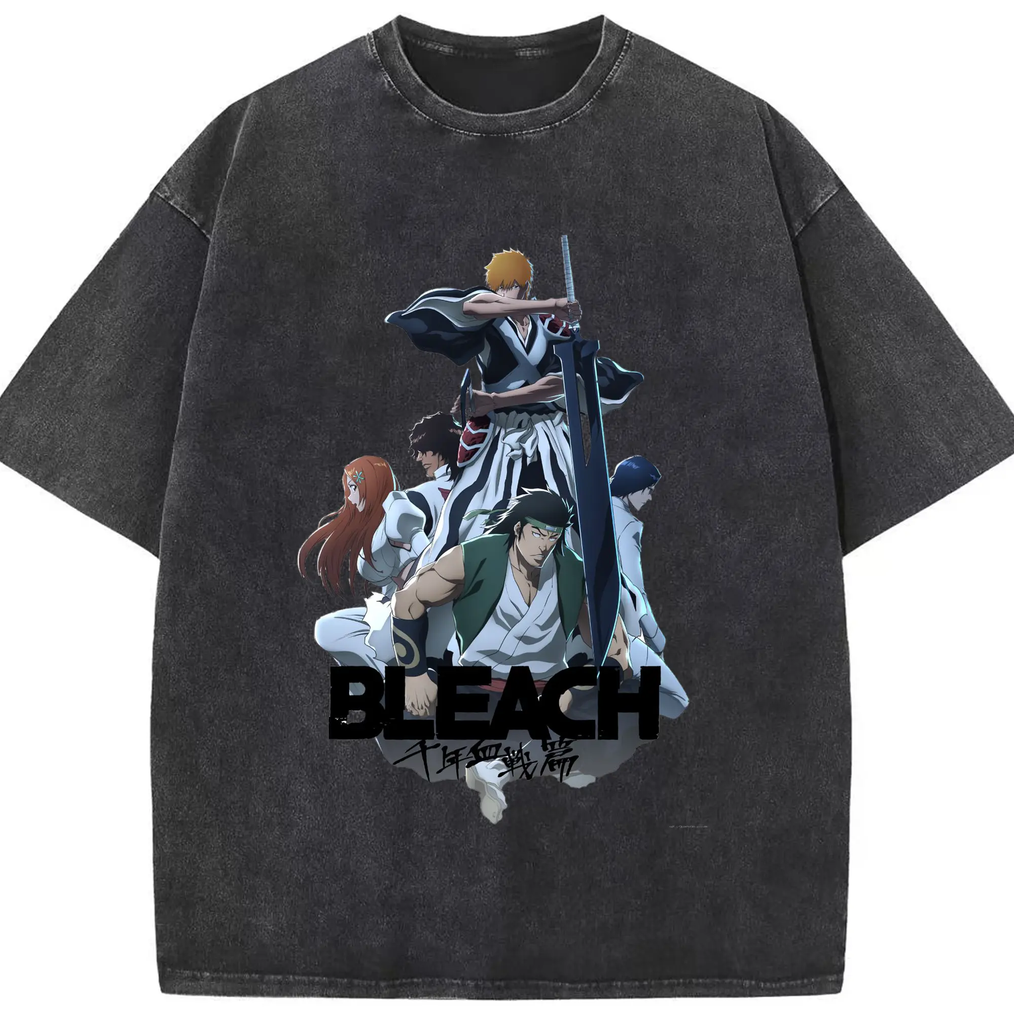 BLEACH Thousand-Year Blood War Group Anime DIY - Washed Vintage Look 230g Cotton Oversized T-Shirt With Front Heat Transfer Print – Soft, Lightweight, Stylish Fit – Comfortable Casual Wear For Sports & Everyday Use
