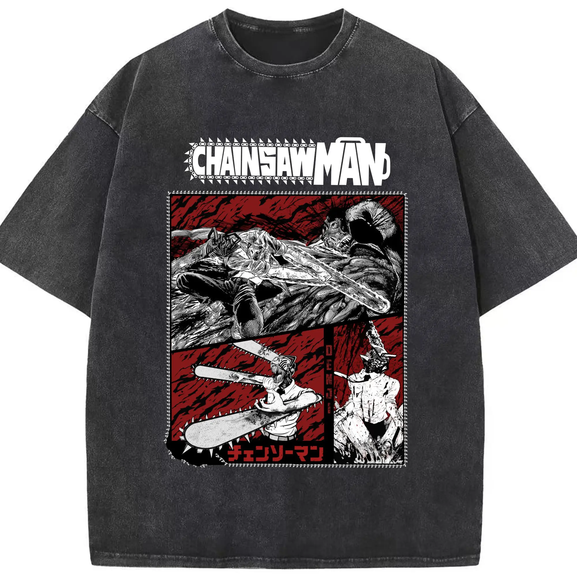 Chainsaw Man Dark Battle Manga-Style DIY Shirt - Washed Vintage Look 230g Cotton Oversized T-Shirt With Front Heat Transfer Print – Soft, Lightweight, Stylish Fit – Comfortable Casual Wear For Sports & Everyday Use