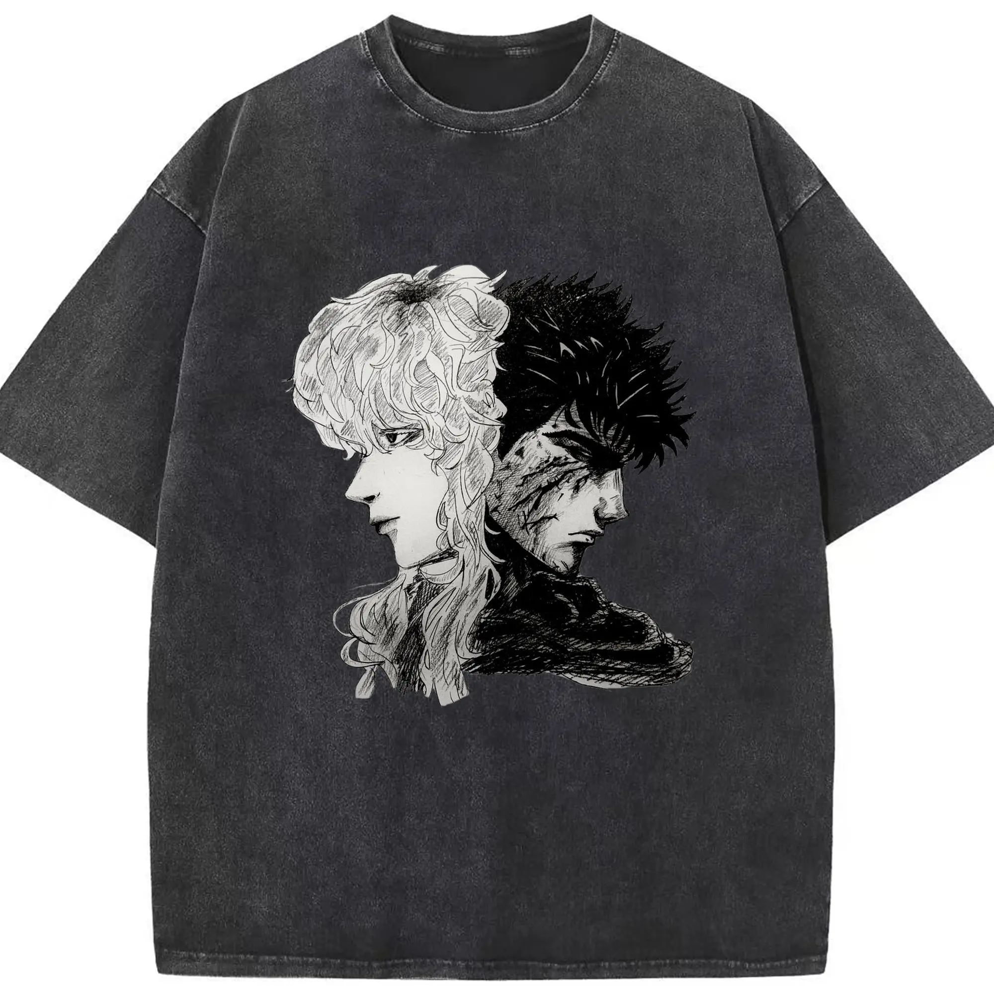 Berserk Griffith & Guts Black White DIY - Washed Vintage Look 230g Cotton Oversized T-Shirt With Front Heat Transfer Print – Soft, Lightweight, Stylish Fit – Comfortable Casual Wear For Sports & Everyday Use