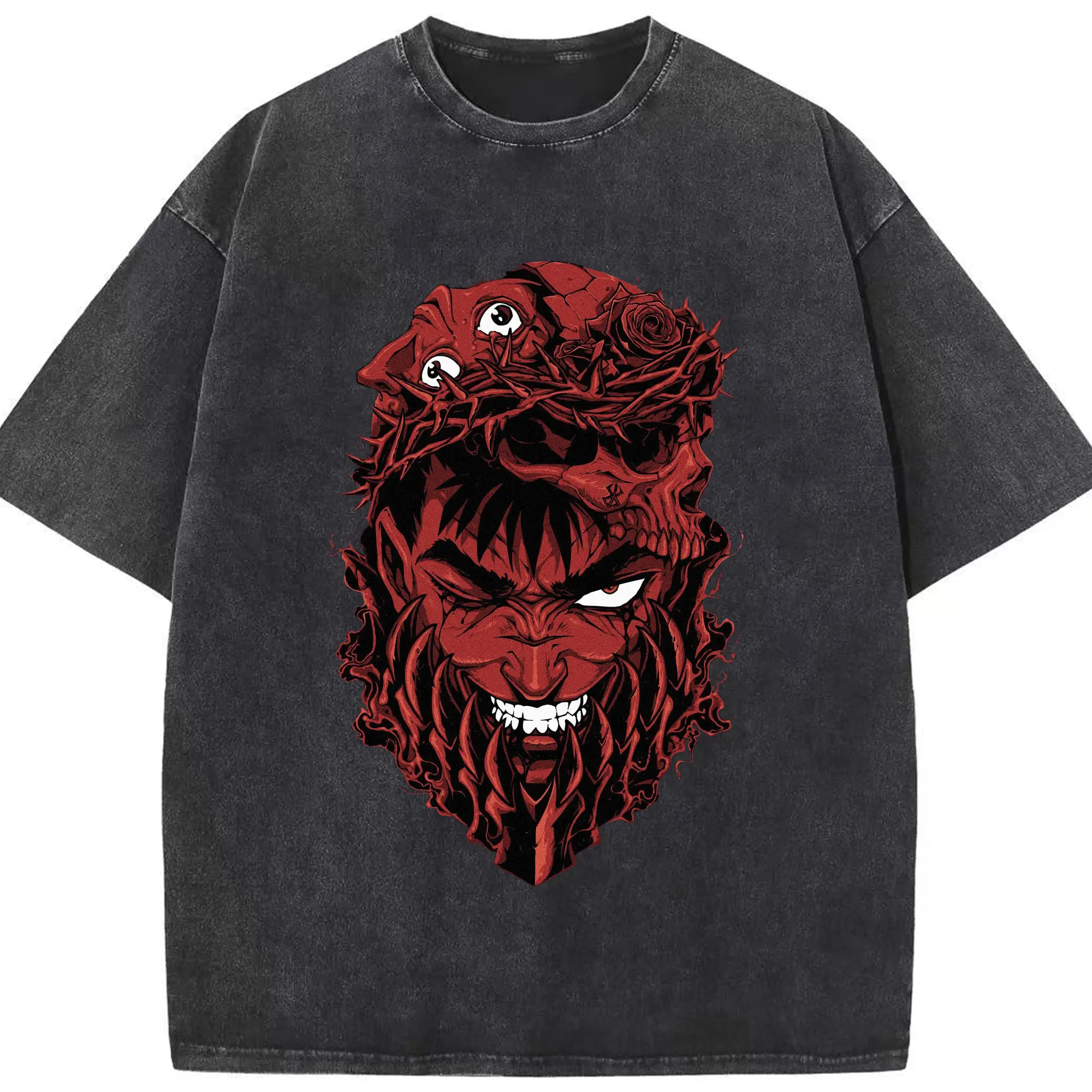 Berserk Guts Dark Fantasy Gothic Red Art DIY - Washed Vintage Look 230g Cotton Oversized T-Shirt With Front Heat Transfer Print – Soft, Lightweight, Stylish Fit – Comfortable Casual Wear For Sports & Everyday Use