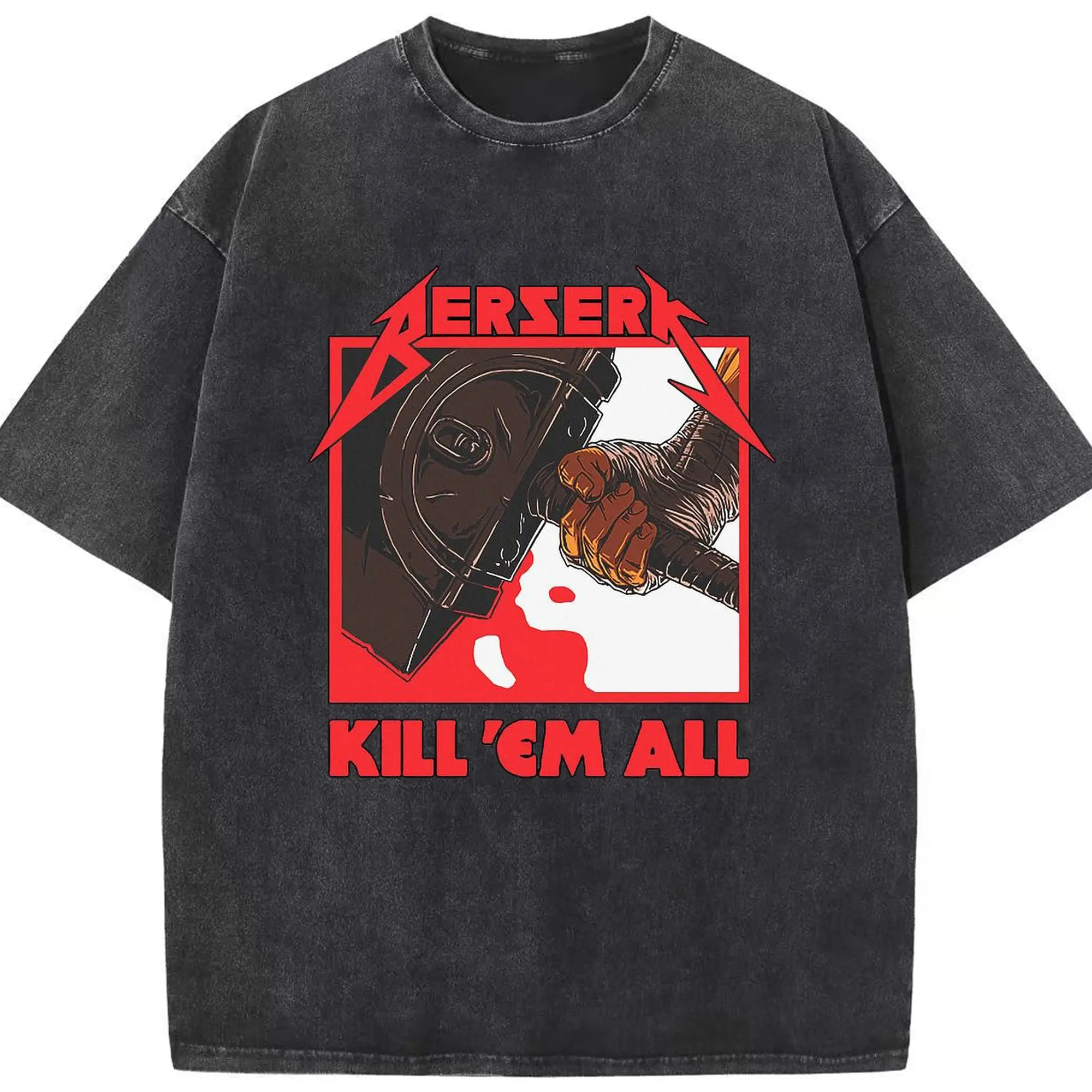 Berserk Dark Fantasy Kill 'Em All DIY - Washed Vintage Look 230g Cotton Oversized T-Shirt With Front Heat Transfer Print – Soft, Lightweight, Stylish Fit – Comfortable Casual Wear For Sports & Everyday Use