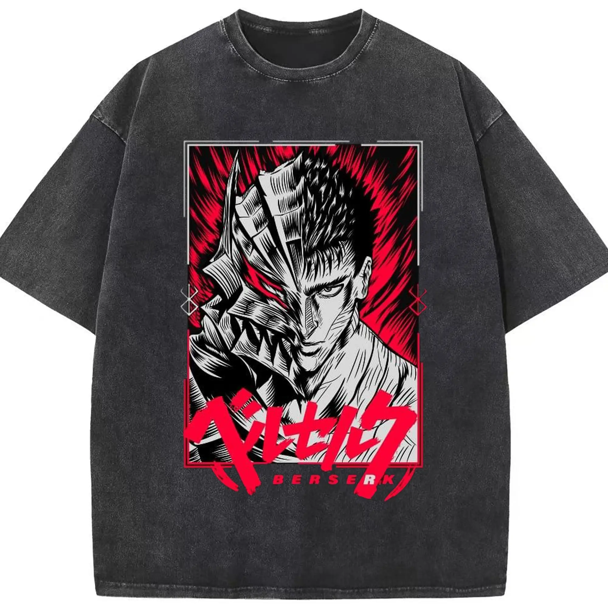 Berserk Guts Inverted Punk Dark Fantasy DIY - Washed Vintage Look 230g Cotton Oversized T-Shirt With Front Heat Transfer Print – Soft, Lightweight, Stylish Fit – Comfortable Casual Wear For Sports & Everyday Use
