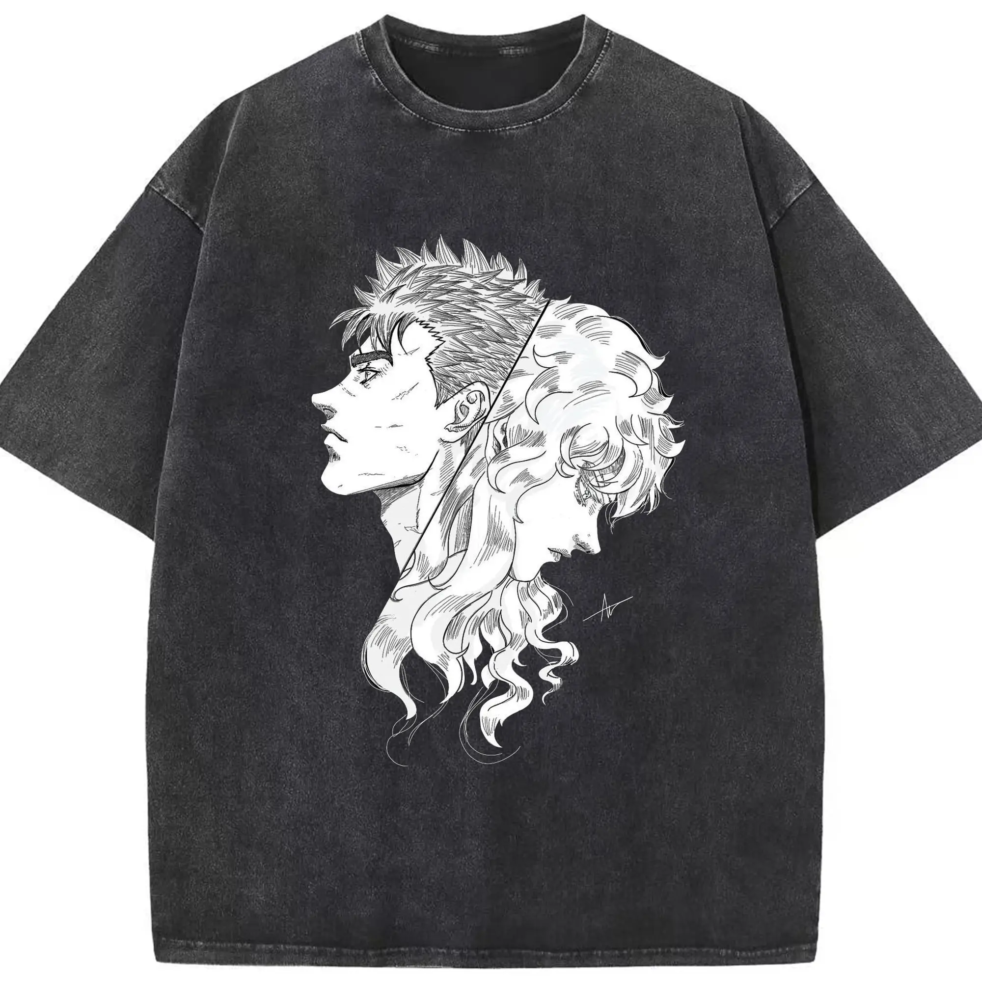 Berserk Guts & Griffith Dark Fantasy DIY - Washed Vintage Look 230g Cotton Oversized T-Shirt With Front Heat Transfer Print – Soft, Lightweight, Stylish Fit – Comfortable Casual Wear For Sports & Everyday Use