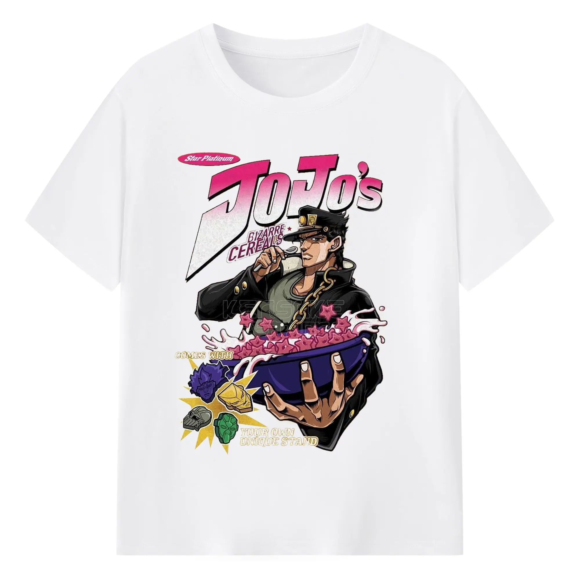 JoJo's Bizarre Adventure Star Platinum Cereal DIY - 180g Cotton T-Shirt With Front Heat Transfer Print – Soft, Lightweight, Fitted Design – Comfortable Casual Wear For Sports & Everyday Use