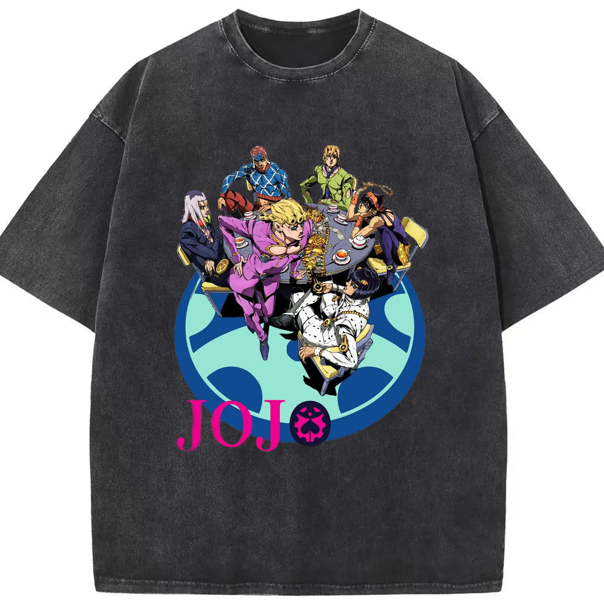 JoJo's Bizarre Adventure Golden Wind Anime DIY - Washed Vintage Look 230g Cotton Oversized T-Shirt With Front Heat Transfer Print – Soft, Lightweight, Stylish Fit – Comfortable Casual Wear For Sports & Everyday Use
