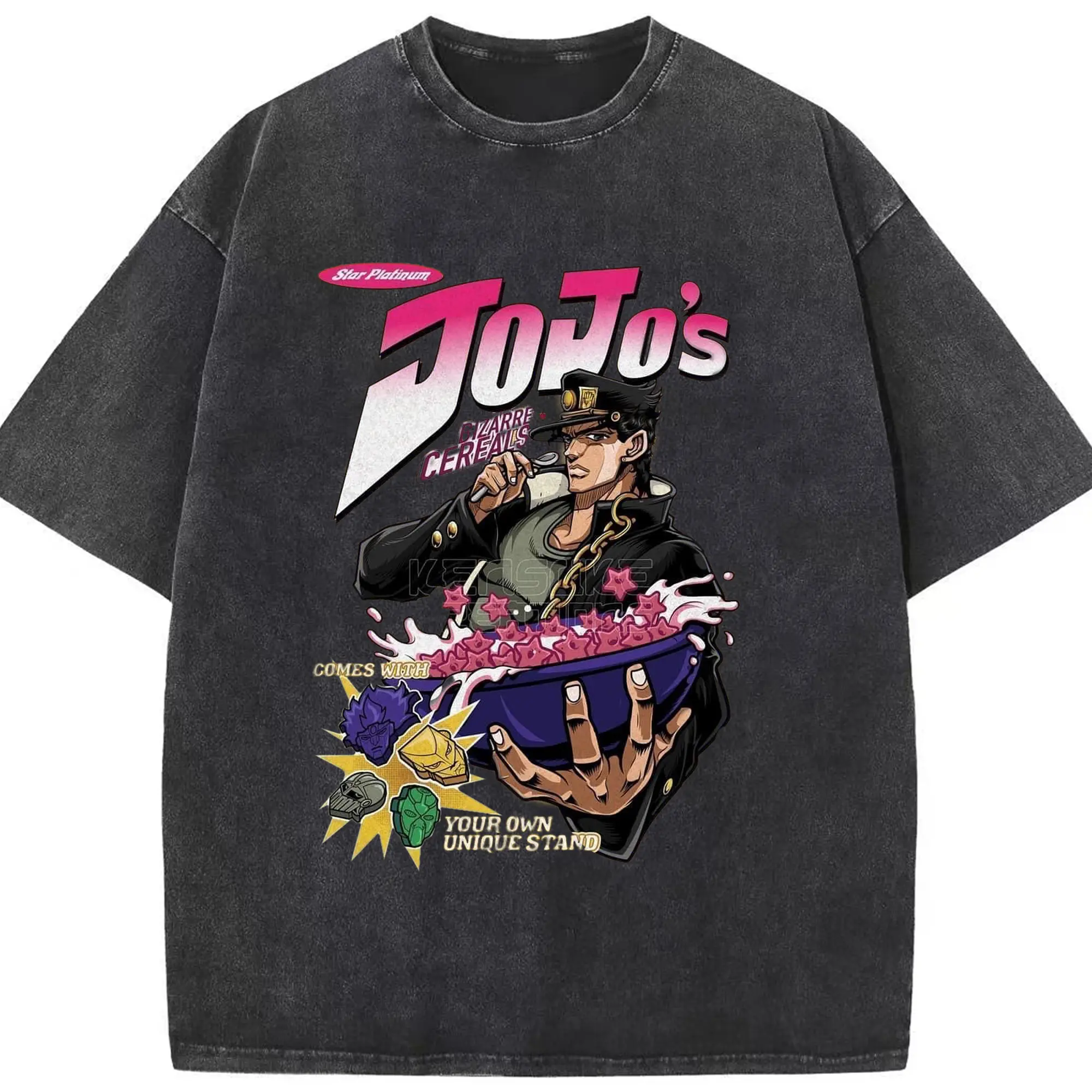 JoJo's Bizarre Adventure Star Platinum Cereal DIY - Washed Vintage Look 230g Cotton Oversized T-Shirt With Front Heat Transfer Print – Soft, Lightweight, Stylish Fit – Comfortable Casual Wear For Sports & Everyday Use