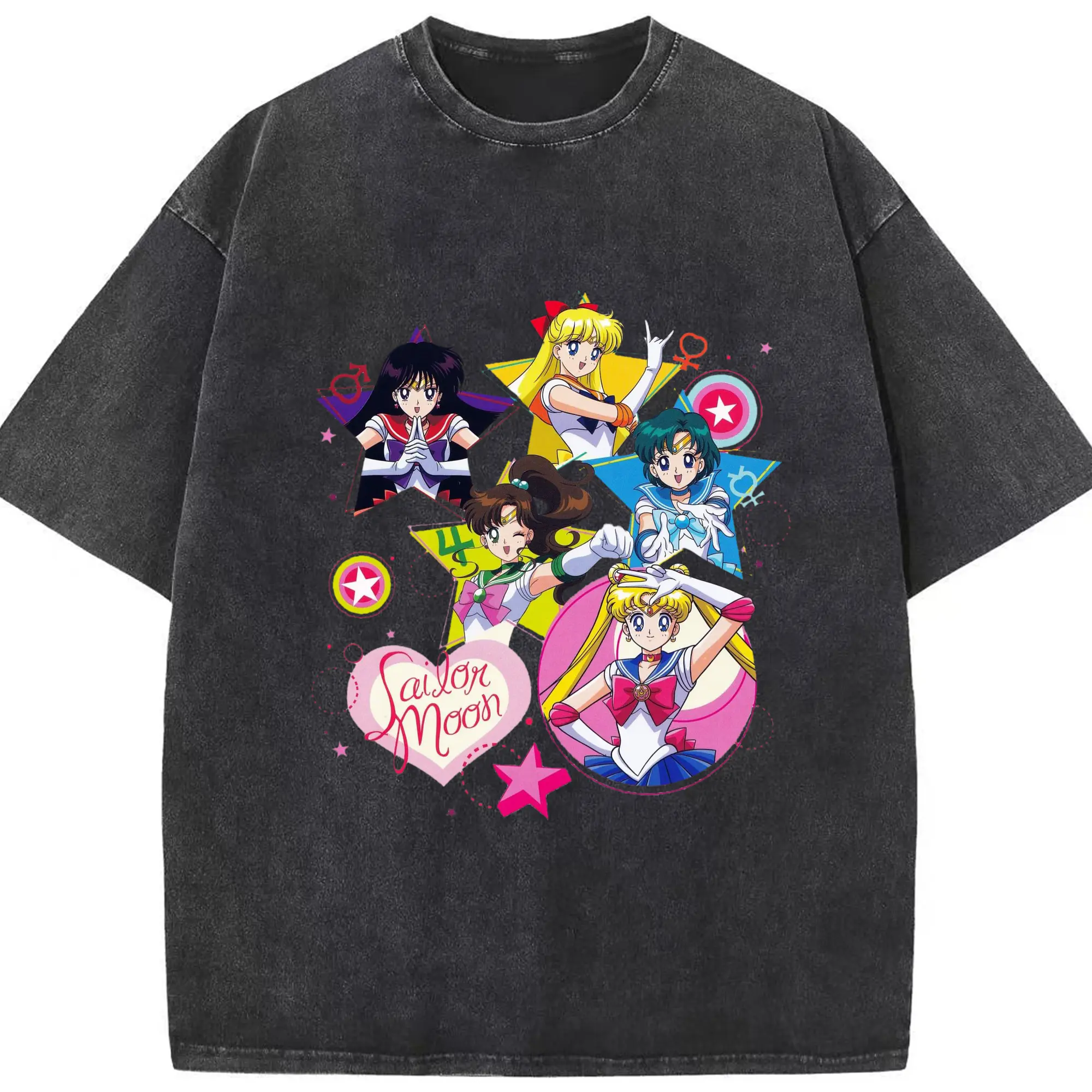 Sailor Moon Group Characters Cute Style DIY Shirt - Washed Vintage Look 230g Cotton Oversized T-Shirt With Front Heat Transfer Print – Soft, Lightweight, Stylish Fit – Comfortable Casual Wear For Sports & Everyday Use