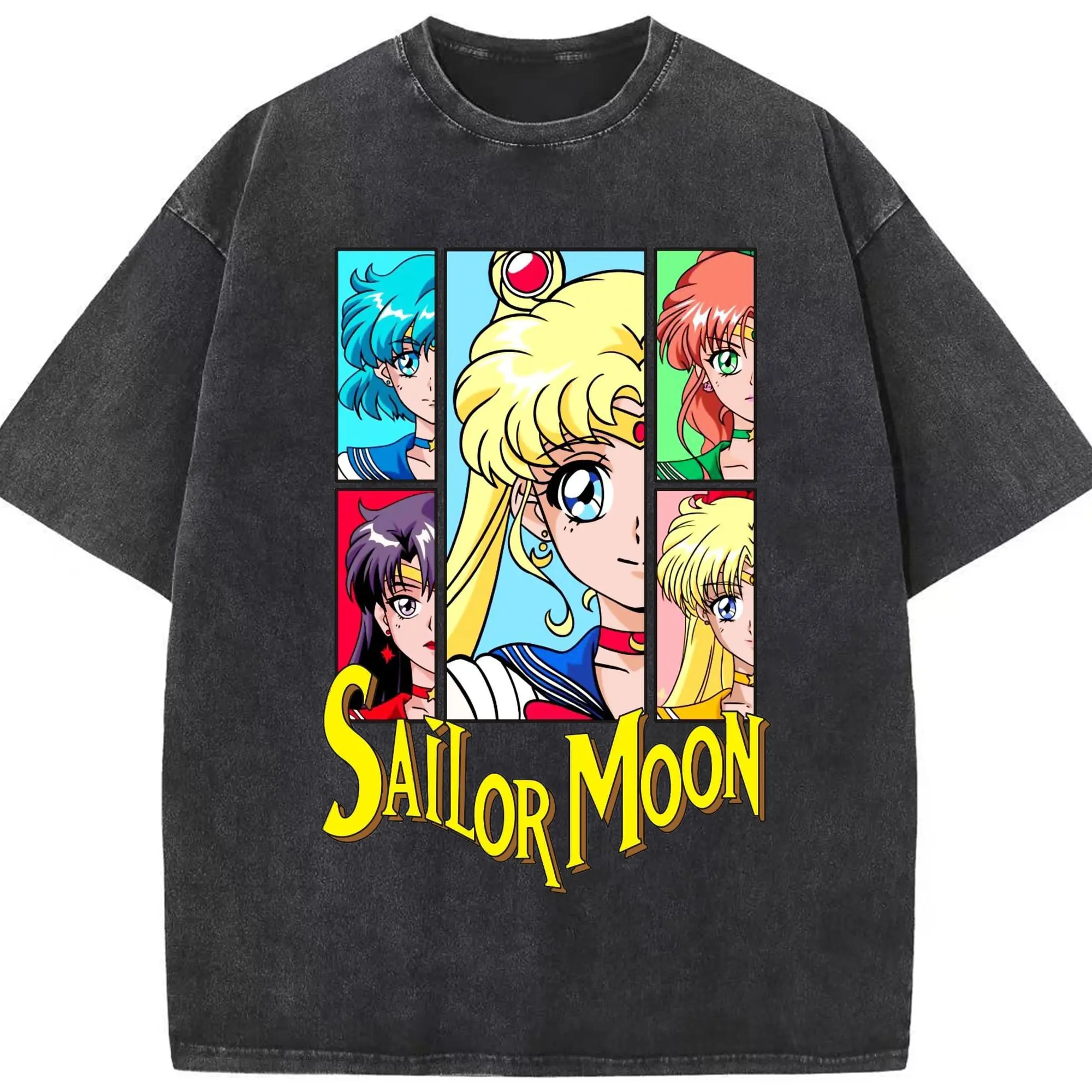 Sailor Moon Group Characters Classic Anime DIY Shirt - Washed Vintage Look 230g Cotton Oversized T-Shirt With Front Heat Transfer Print – Soft, Lightweight, Stylish Fit – Comfortable Casual Wear For Sports & Everyday Use