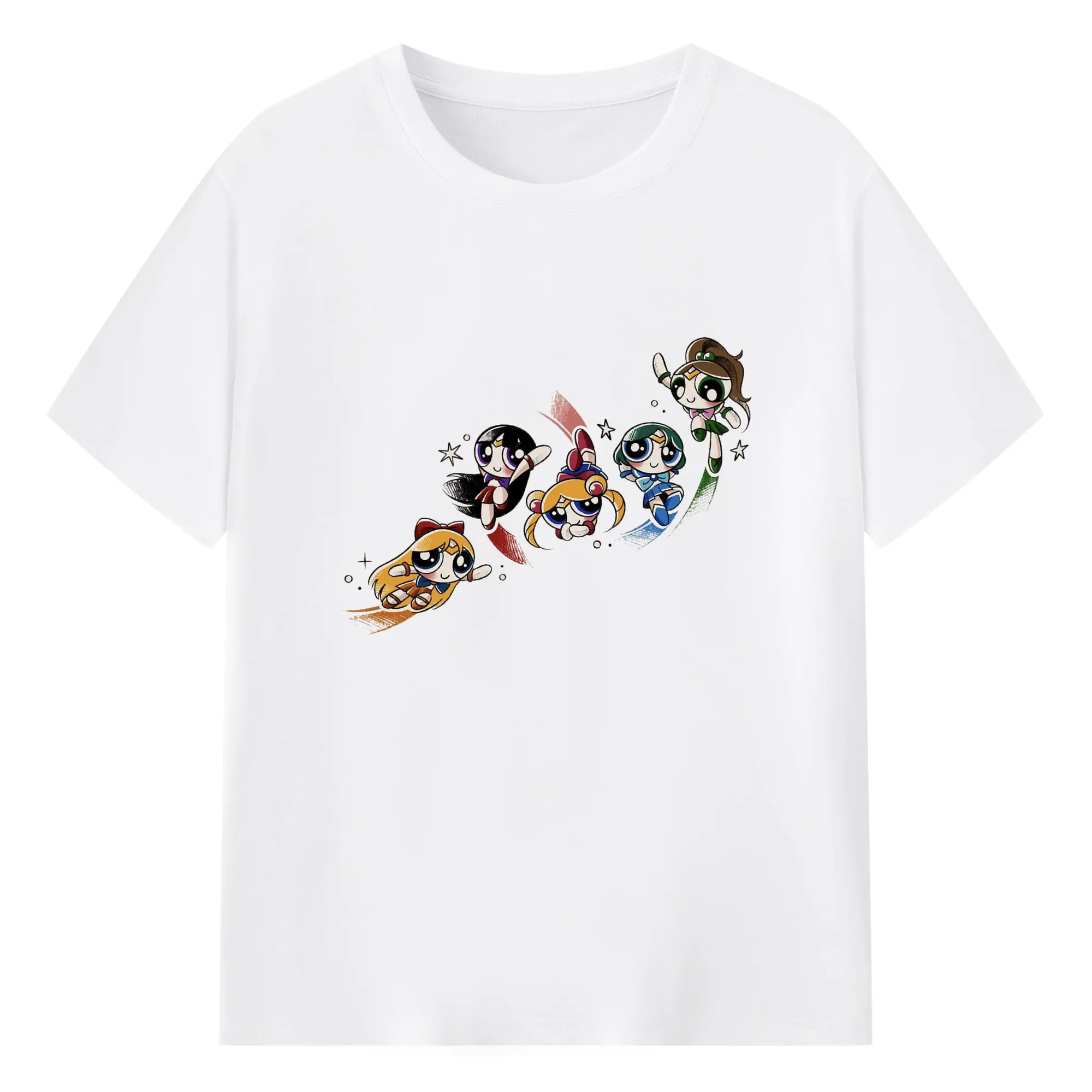 The Powerpuff Girls x Sailor Moon Crossover DIY Shirt - 180g Cotton T-Shirt With Front Heat Transfer Print – Soft, Lightweight, Fitted Design – Comfortable Casual Wear For Sports & Everyday Use