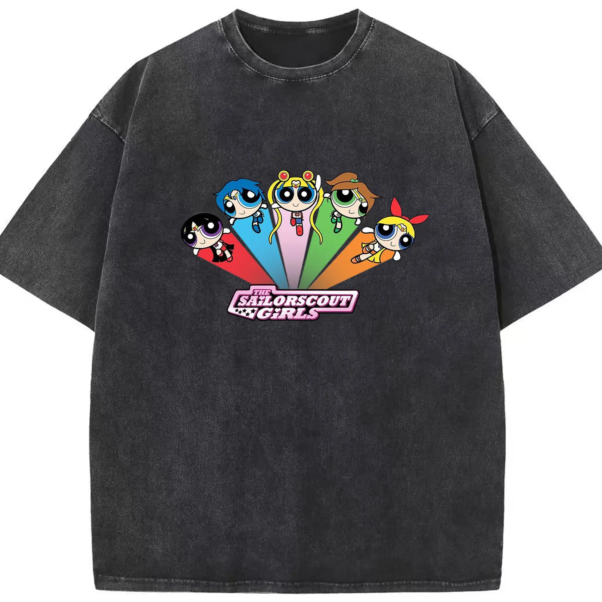 Powerpuff Girls x Sailor Moon Crossover DIY Shirt - Washed Vintage Look 230g Cotton Oversized T-Shirt With Front Heat Transfer Print – Soft, Lightweight, Stylish Fit – Comfortable Casual Wear For Sports & Everyday Use