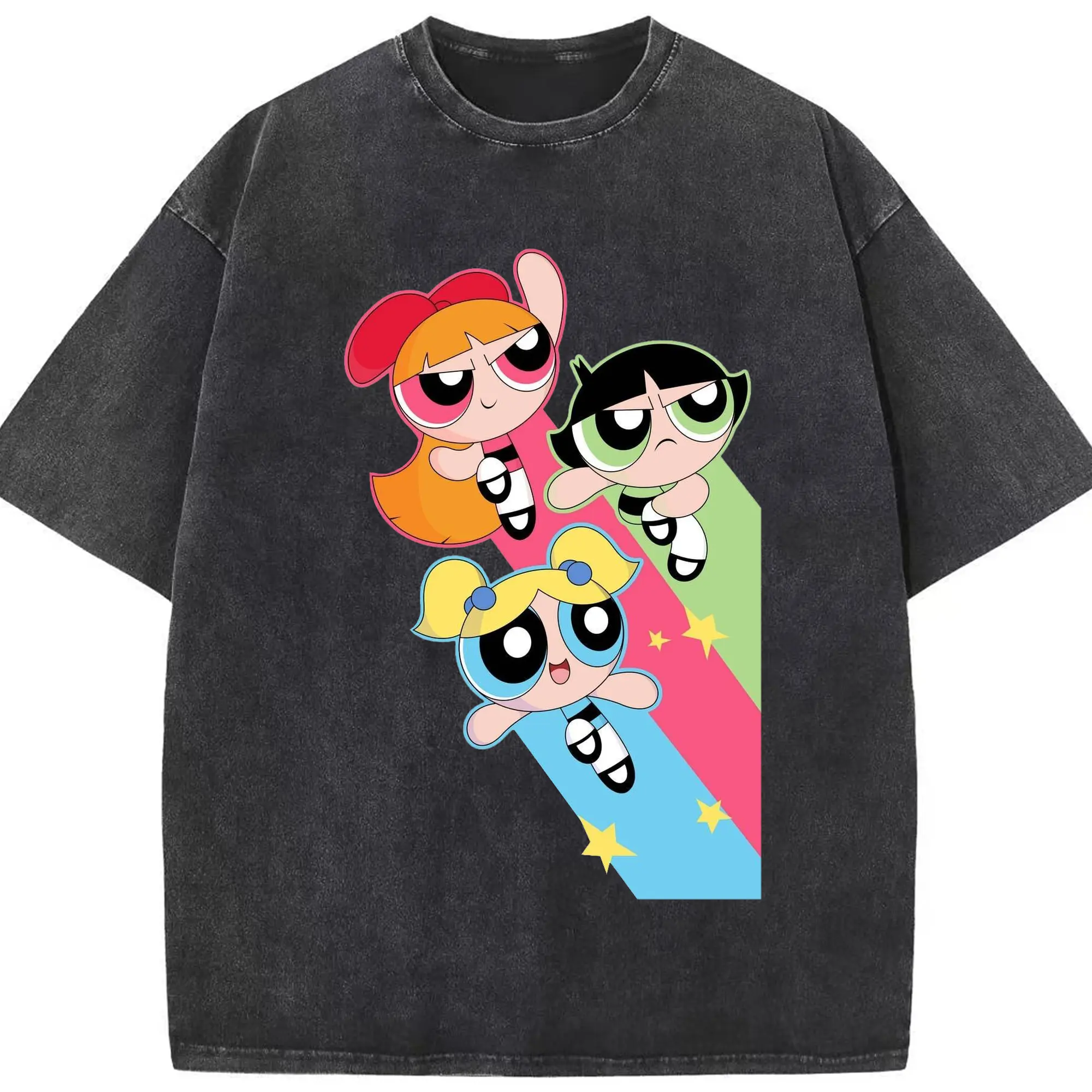 The Powerpuff Girls Cute Style DIY Shirt - Washed Vintage Look 230g Cotton Oversized T-Shirt With Front Heat Transfer Print – Soft, Lightweight, Stylish Fit – Comfortable Casual Wear For Sports & Everyday Use