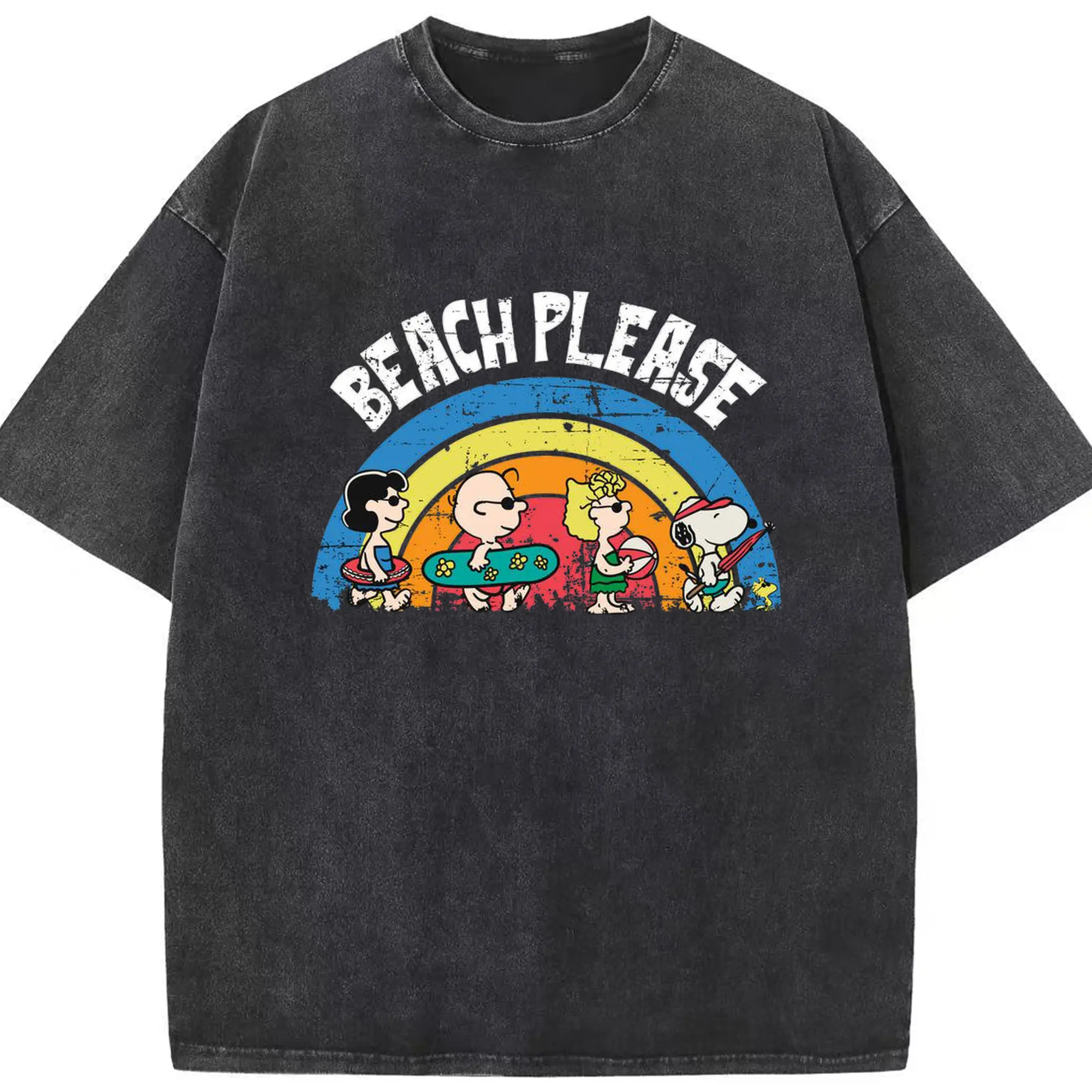 Snoopy Peanuts Beach Please DIY - Washed Vintage Look 230g Cotton Oversized T-Shirt With Front Heat Transfer Print – Soft, Lightweight, Stylish Fit – Comfortable Casual Wear For Sports & Everyday Use