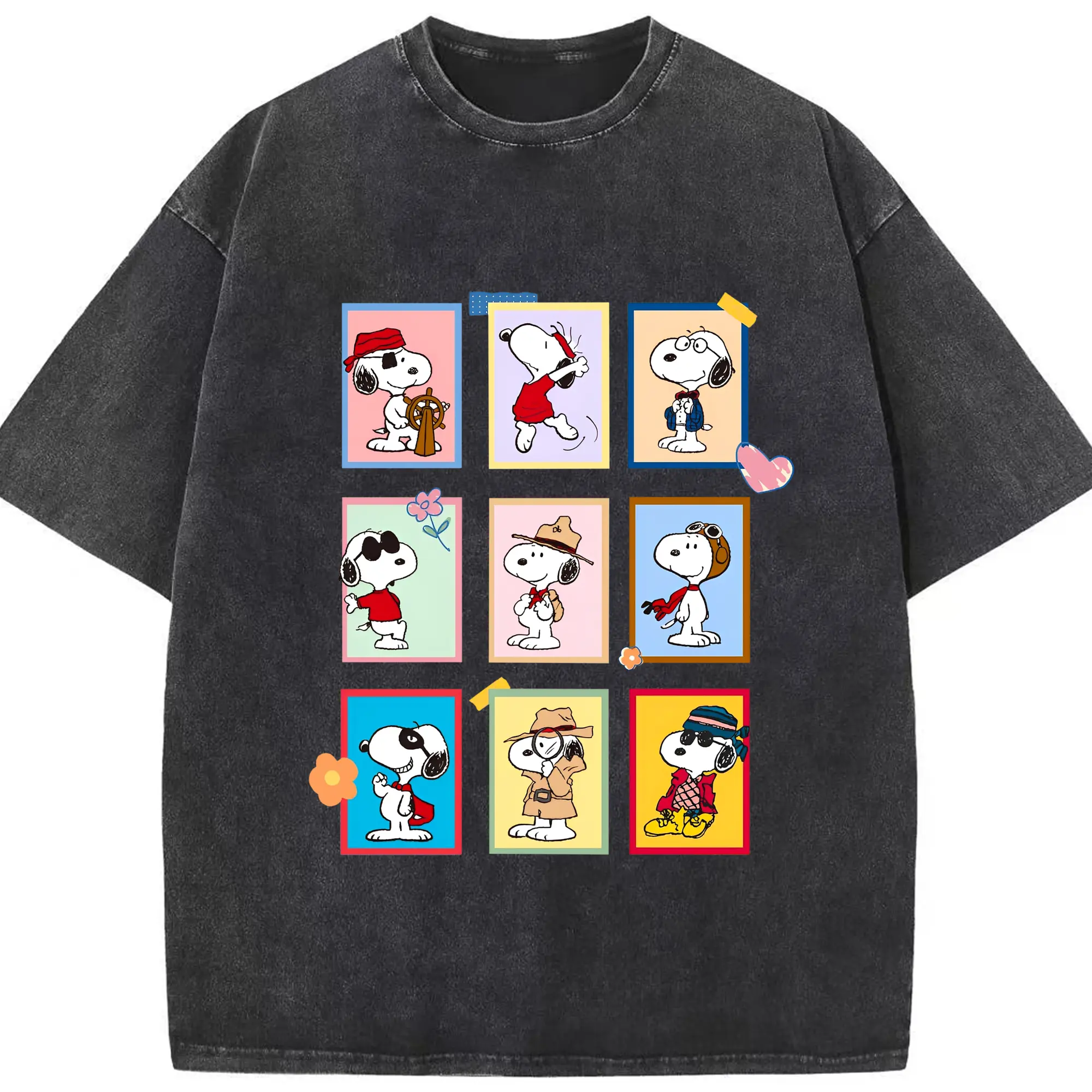 Snoopy-Inspired Creative Cartoon DIY - Washed Vintage Look 230g Cotton Oversized T-Shirt With Front Heat Transfer Print – Soft, Lightweight, Stylish Fit – Comfortable Casual Wear For Sports & Everyday Use