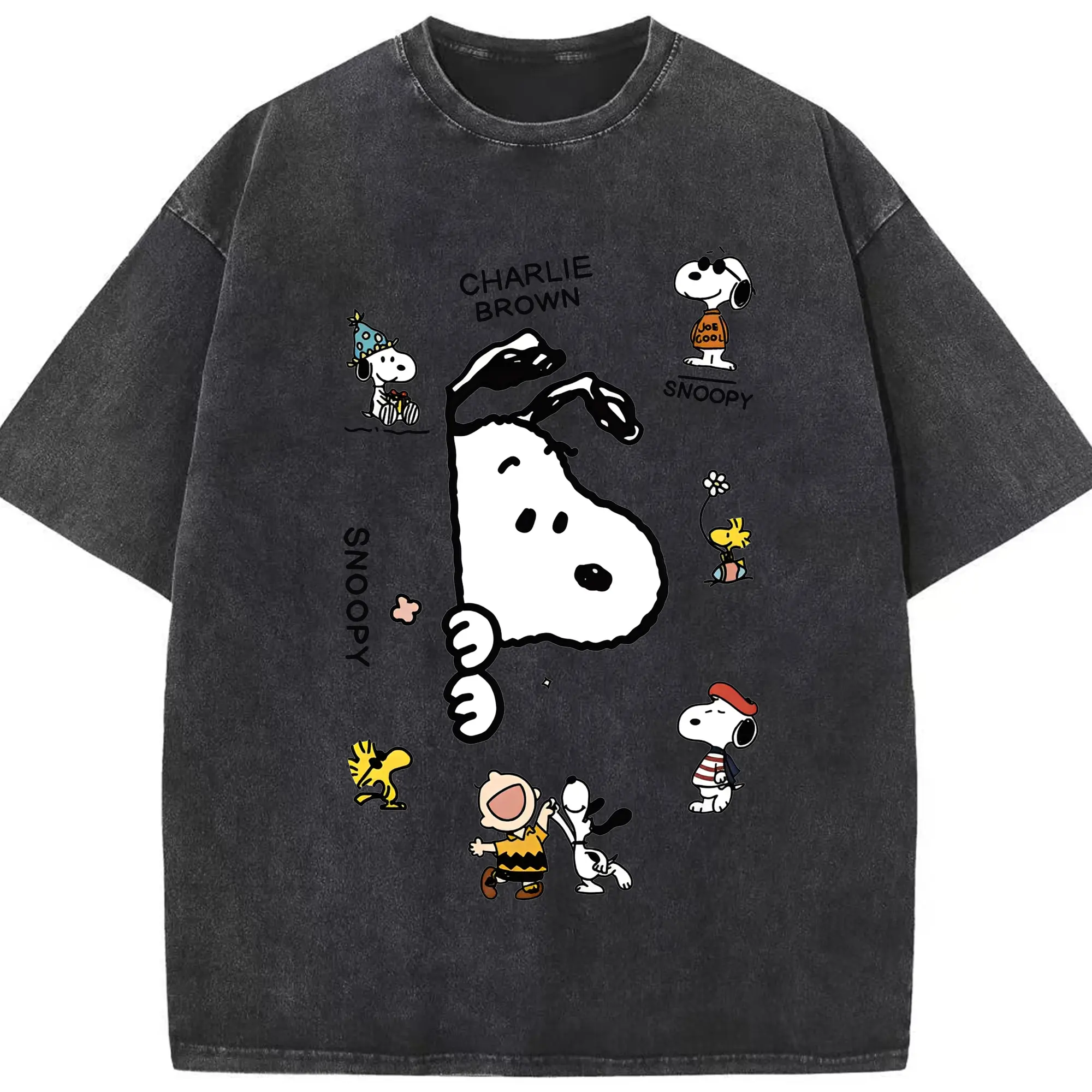 Peanuts Snoopy & Charlie Brown DIY - Washed Vintage Look 230g Cotton Oversized T-Shirt With Front Heat Transfer Print – Soft, Lightweight, Stylish Fit – Comfortable Casual Wear For Sports & Everyday Use