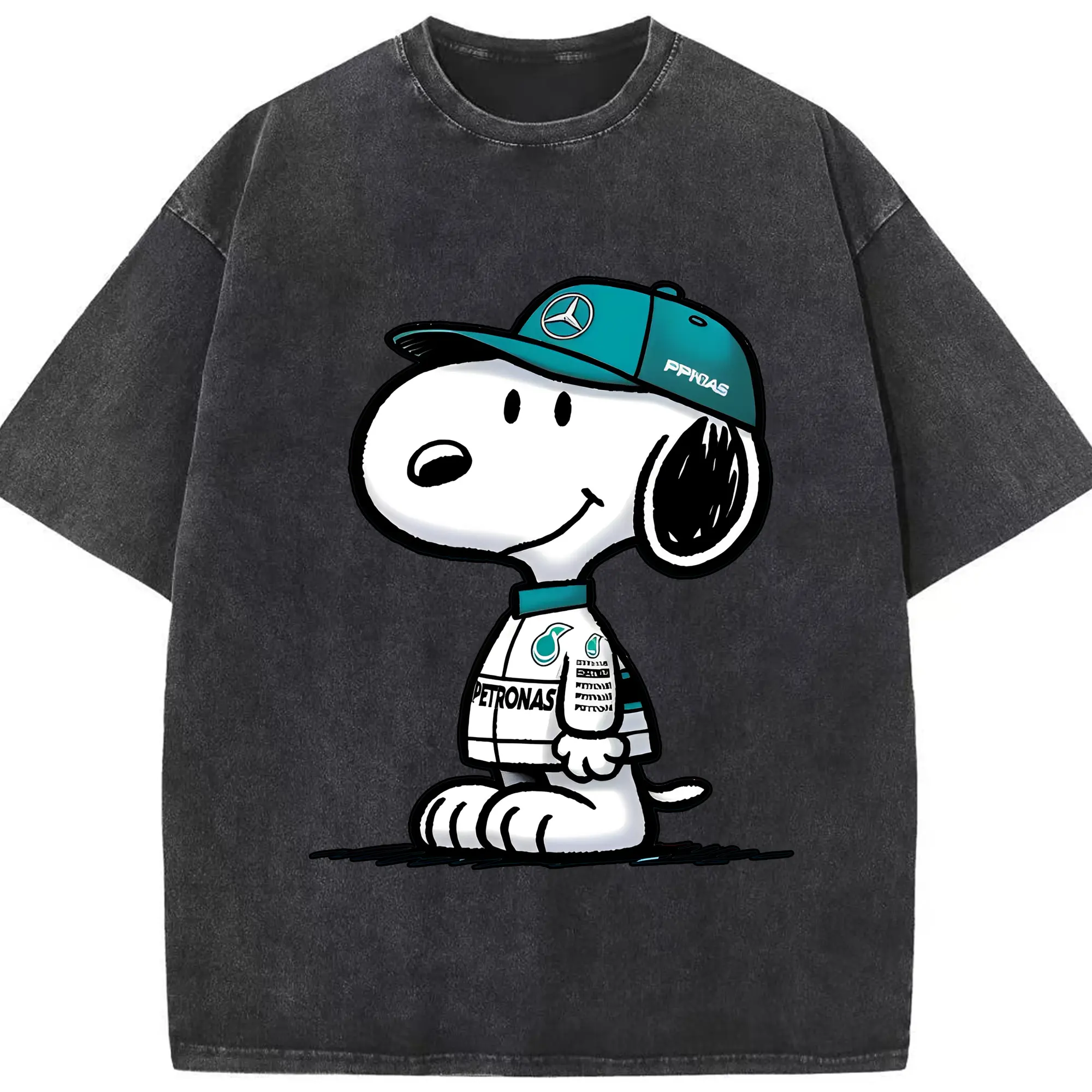 Snoopy F1 Mercedes Team DIY - Washed Vintage Look 230g Cotton Oversized T-Shirt With Front Heat Transfer Print – Soft, Lightweight, Stylish Fit – Comfortable Casual Wear For Sports & Everyday Use