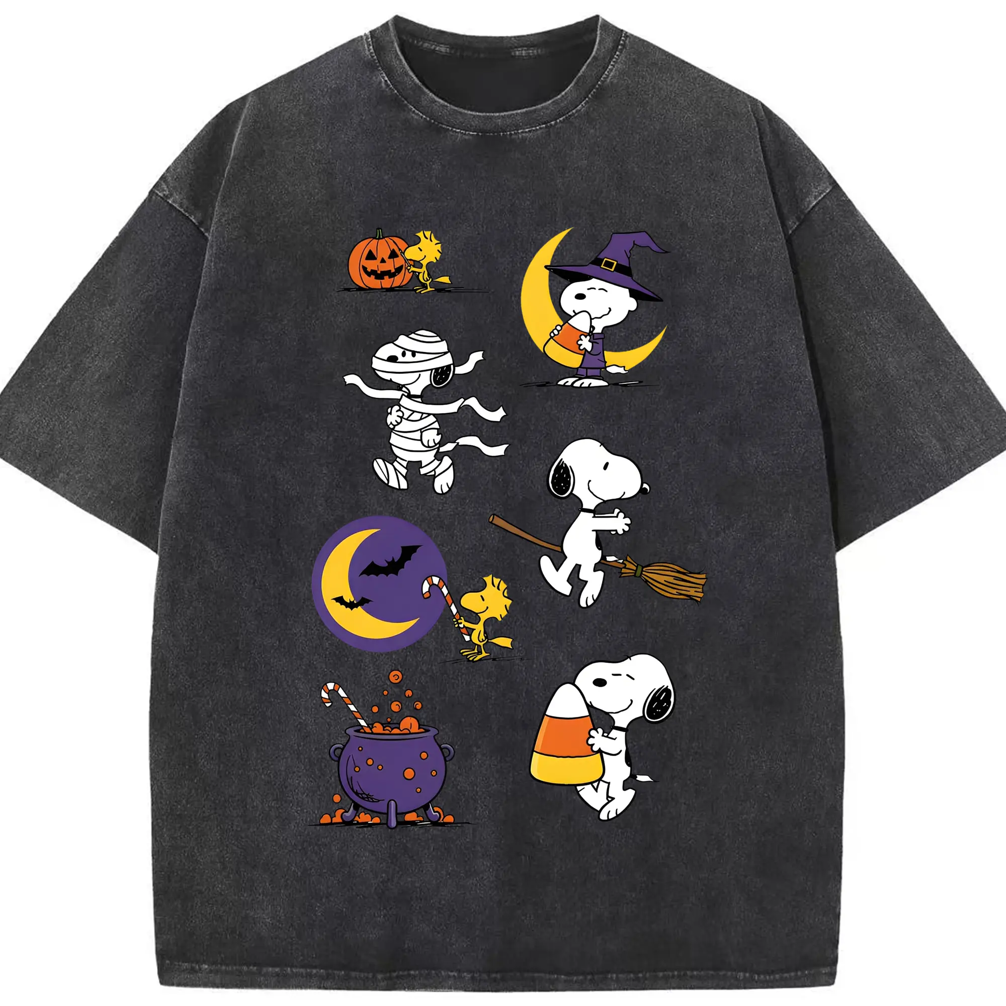 Snoopy Halloween Variety Scenes DIY - Washed Vintage Look 230g Cotton Oversized T-Shirt With Front Heat Transfer Print – Soft, Lightweight, Stylish Fit – Comfortable Casual Wear For Sports & Everyday Use