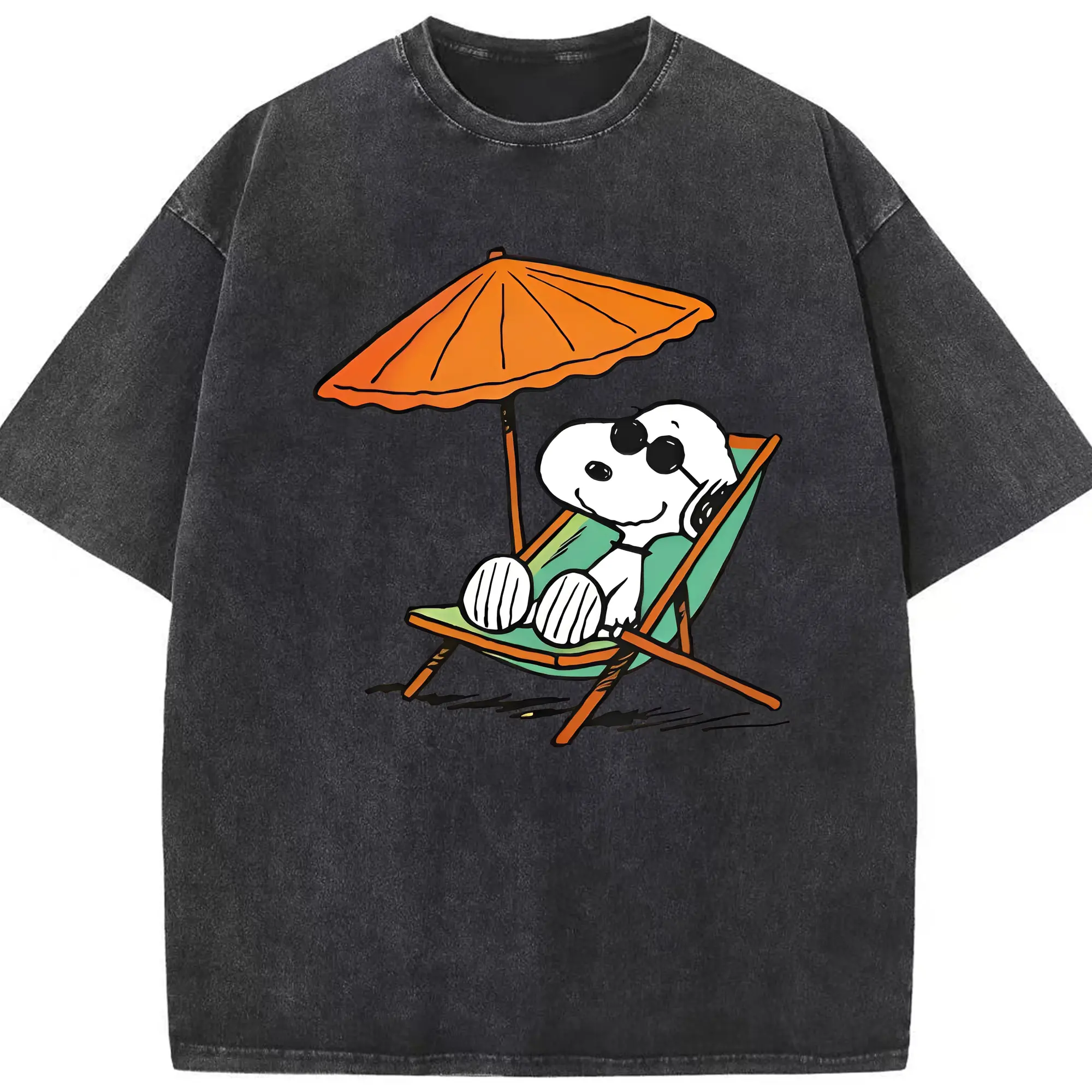 Snoopy Summer Beach Relax DIY - Washed Vintage Look 230g Cotton Oversized T-Shirt With Front Heat Transfer Print – Soft, Lightweight, Stylish Fit – Comfortable Casual Wear For Sports & Everyday Use