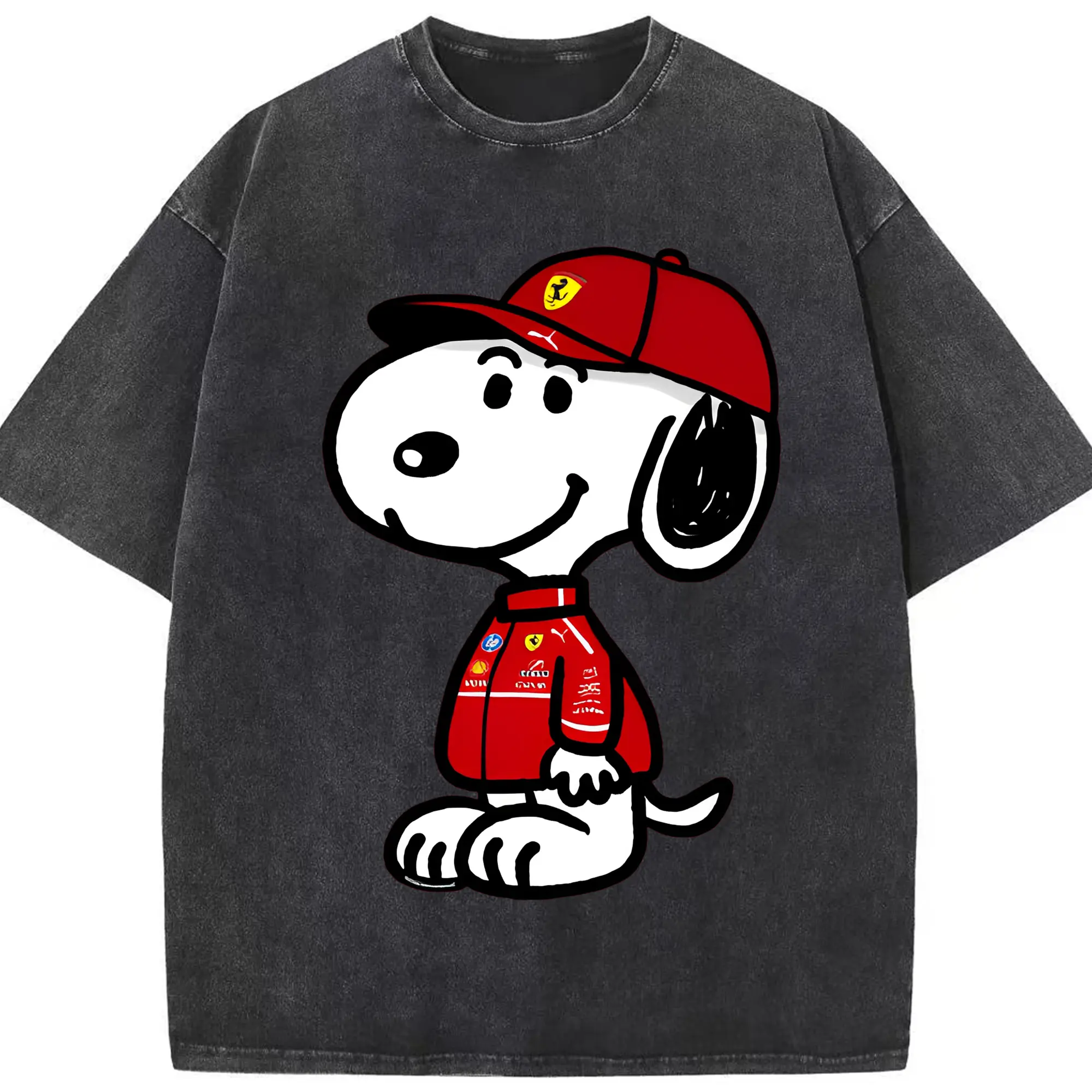 Snoopy Ferrari F1 Team DIY - Washed Vintage Look 230g Cotton Oversized T-Shirt With Front Heat Transfer Print – Soft, Lightweight, Stylish Fit – Comfortable Casual Wear For Sports & Everyday Use
