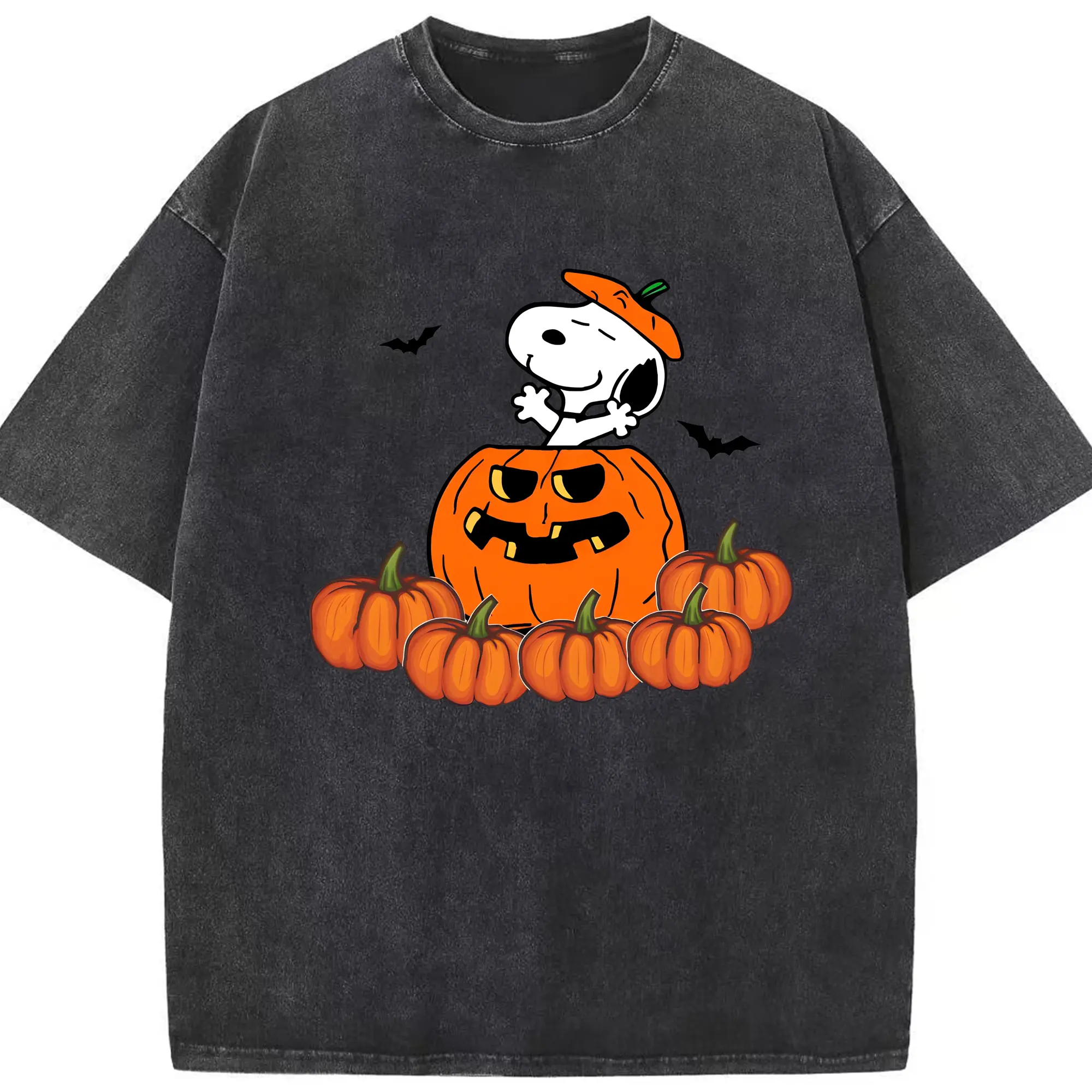 Snoopy Halloween Pumpkin Party - Washed Vintage Look 230g Cotton Oversized T-Shirt With Front Heat Transfer Print – Soft, Lightweight, Stylish Fit – Comfortable Casual Wear For Sports & Everyday Use