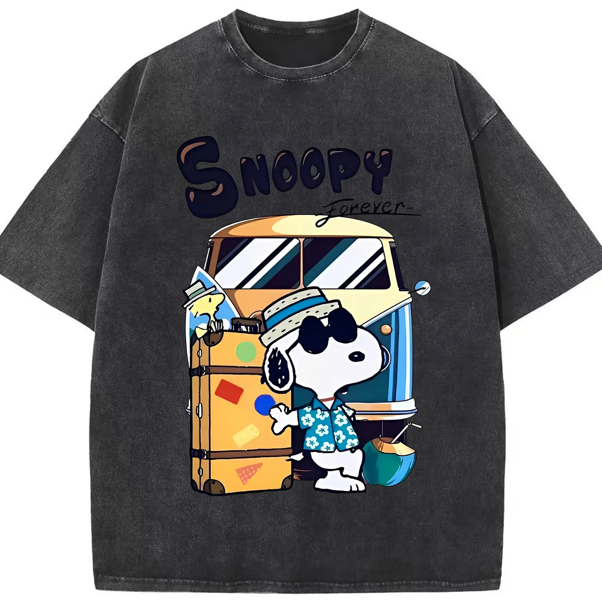 Snoopy Summer Travel DIY - Washed Vintage Look 230g Cotton Oversized T-Shirt With Front Heat Transfer Print – Soft, Lightweight, Stylish Fit – Comfortable Casual Wear For Sports & Everyday Use