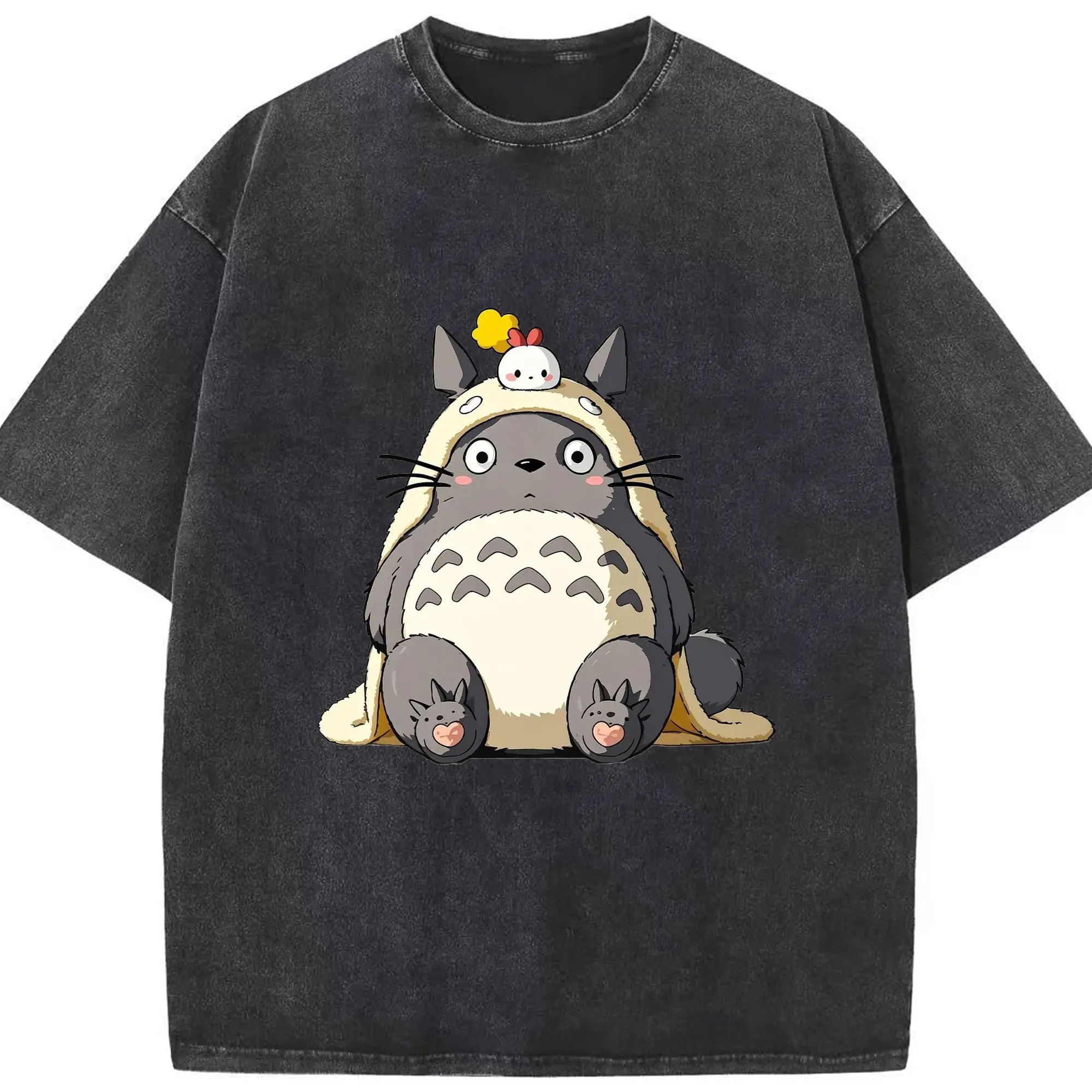 Studio Ghibli Totoro Cute DIY - Washed Vintage Look 230g Cotton Oversized T-Shirt With Front Heat Transfer Print – Soft, Lightweight, Stylish Fit – Comfortable Casual Wear For Sports & Everyday Use